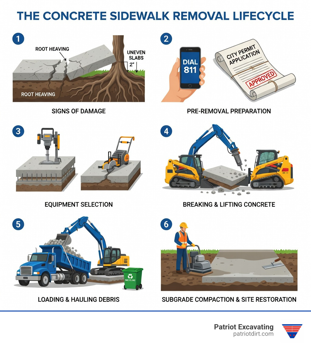 Step-by-step infographic showing the concrete sidewalk removal lifecycle: 1. Signs of damage including cracks, root heaving, and uneven slabs; 2. Pre-removal preparation with 811 utility call and permit acquisition; 3. Equipment selection based on slab thickness and reinforcement; 4. Breaking and lifting concrete with hydraulic breaker or jackhammer; 5. Loading and hauling debris for recycling or disposal; 6. Subgrade compaction and site restoration for new installation - concrete sidewalk removal infographic Step-by-step infographic showing the concrete sidewalk removal lifecycle: 1. Signs of damage including cracks, root heaving, and uneven slabs; 2. Pre-removal preparation with 811 utility call and permit acquisition; 3. Equipment selection based on slab thickness and reinforcement; 4. Breaking and lifting concrete with hydraulic breaker or jackhammer; 5. Loading and hauling debris for recycling or disposal; 6. Subgrade compaction and site restoration for new installation - concrete sidewalk removal infographic