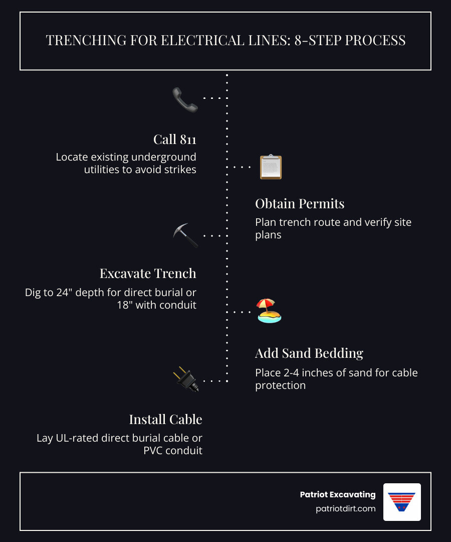 Step-by-step infographic showing the underground electrical line installation process: Step 1 Call 811 to locate utilities, Step 2 Obtain permits and plan trench route, Step 3 Excavate to minimum 24-inch depth for direct burial or 18-inch depth with conduit, Step 4 Add 2-4 inches of sand bedding at trench bottom, Step 5 Lay UL-rated direct burial cable or PVC Schedule 40 conduit, Step 6 Place red warning tape 12 inches above cable, Step 7 Backfill in 6-12 inch compacted lifts, Step 8 Schedule inspection before final backfill, with icons for each step and NEC compliance badge - Trenching for electrical lines infographic infographic-line-5-steps-dark Step-by-step infographic showing the underground electrical line installation process: Step 1 Call 811 to locate utilities, Step 2 Obtain permits and plan trench route, Step 3 Excavate to minimum 24-inch depth for direct burial or 18-inch depth with conduit, Step 4 Add 2-4 inches of sand bedding at trench bottom, Step 5 Lay UL-rated direct burial cable or PVC Schedule 40 conduit, Step 6 Place red warning tape 12 inches above cable, Step 7 Backfill in 6-12 inch compacted lifts, Step 8 Schedule inspection before final backfill, with icons for each step and NEC compliance badge - Trenching for electrical lines infographic infographic-line-5-steps-dark