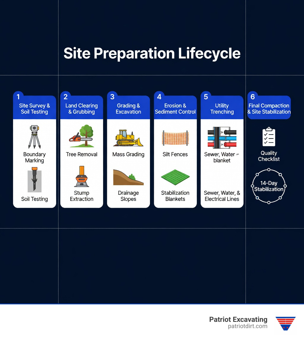 Infographic showing the complete site preparation lifecycle: Step 1 Site Survey and Soil Testing with icons for boundary marking and borehole testing; Step 2 Land Clearing and Grubbing with icons for tree removal and stump extraction; Step 3 Grading and Excavation with icons for mass grading and drainage slopes; Step 4 Erosion and Sediment Control with icons for silt fences and stabilization blankets; Step 5 Utility Trenching with icons for sewer, water, and electrical lines; Step 6 Final Compaction and Site Stabilization with a checklist icon and 14-day stabilization timeline indicator - site preparation infographic Infographic showing the complete site preparation lifecycle: Step 1 Site Survey and Soil Testing with icons for boundary marking and borehole testing; Step 2 Land Clearing and Grubbing with icons for tree removal and stump extraction; Step 3 Grading and Excavation with icons for mass grading and drainage slopes; Step 4 Erosion and Sediment Control with icons for silt fences and stabilization blankets; Step 5 Utility Trenching with icons for sewer, water, and electrical lines; Step 6 Final Compaction and Site Stabilization with a checklist icon and 14-day stabilization timeline indicator - site preparation infographic
