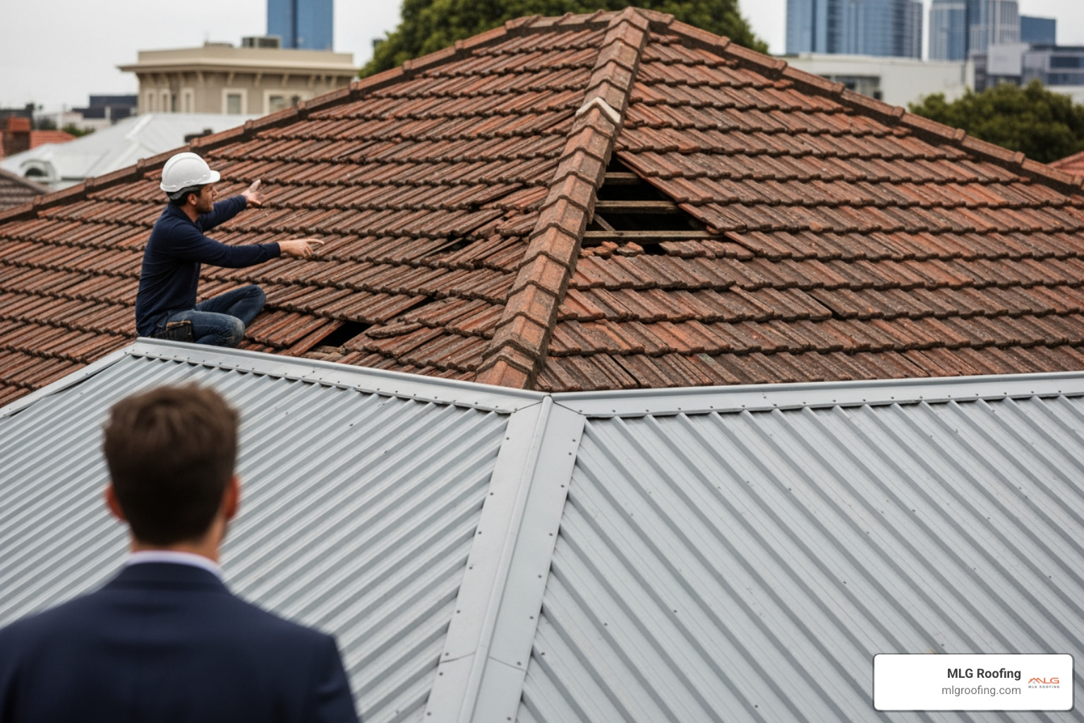 A professional roofing estimate document being reviewed by a contractor and homeowner in a Melbourne FL home; the document shows itemized costs for shingles, underlayment, and permits - melbourne roof replacement quotes