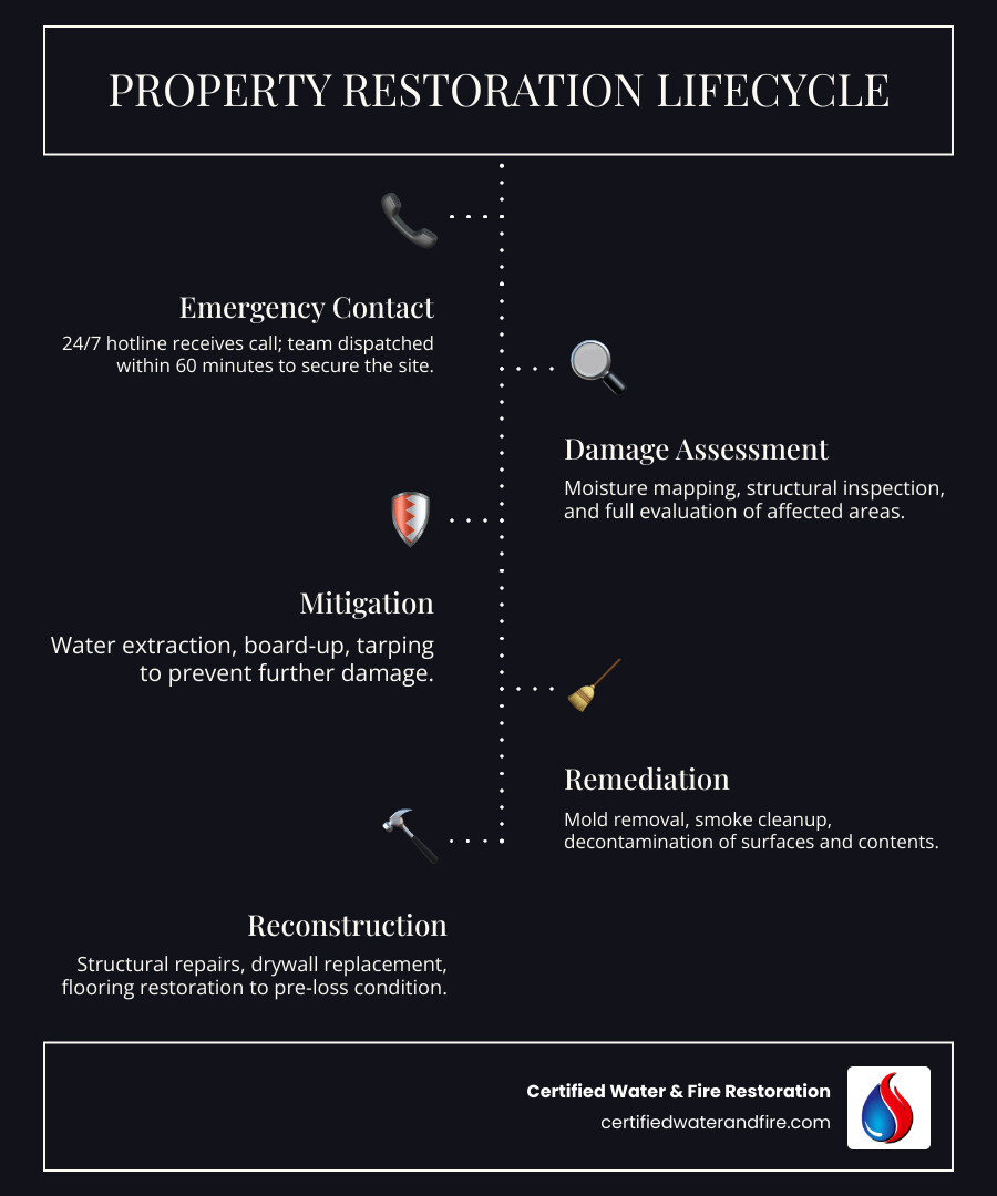 Property restoration lifecycle infographic: 6 stages shown left to right &mdash; 1. Emergency Contact (24/7 call, dispatch within 60 min), 2. Damage Assessment (moisture mapping, structural inspection), 3. Mitigation (water extraction, board-up, tarping), 4. Remediation (mold removal, smoke cleanup, decontamination), 5. Reconstruction (structural repairs, drywall, flooring), 6. Final Walkthrough (insurance sign-off, quality check). Each stage includes icons and a brief description. Color-coded by damage type: blue for water, orange for fire, green for mold.) - what does a restoration company do infographic infographic-line-5-steps-dark
