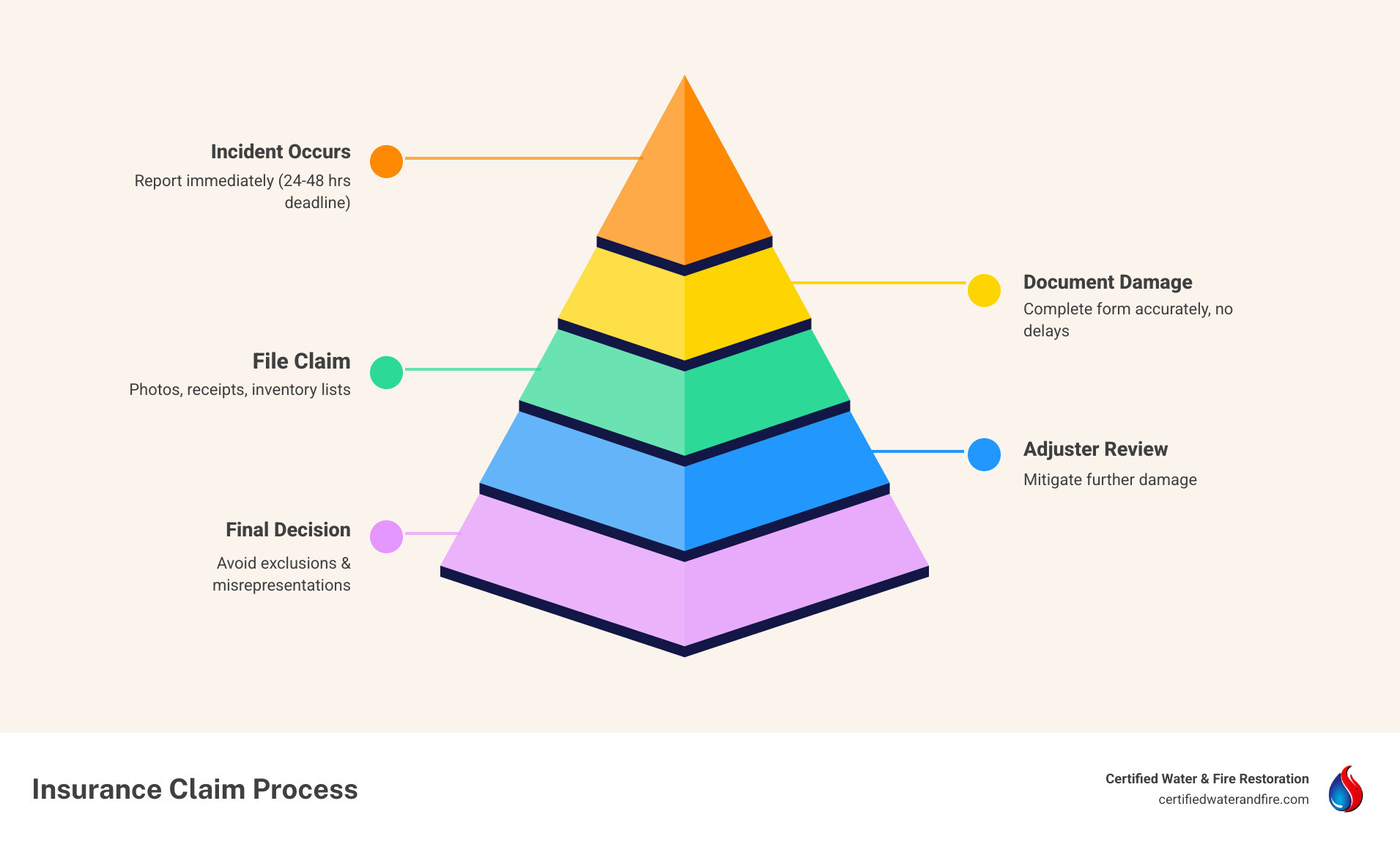 Infographic showing the 10 most common mistakes that cause insurance claim denial, displayed as a vertical step-by-step insurance claim lifecycle from incident occurrence through documentation, filing, adjuster review, and final decision, with red warning icons highlighting each failure point such as late filing, missing documents, policy exclusions, and misrepresentation, and green checkmarks showing the correct action at each stage - mistakes that cause insurance claim denial infographic pyramid-hierarchy-5-steps Infographic showing the 10 most common mistakes that cause insurance claim denial, displayed as a vertical step-by-step insurance claim lifecycle from incident occurrence through documentation, filing, adjuster review, and final decision, with red warning icons highlighting each failure point such as late filing, missing documents, policy exclusions, and misrepresentation, and green checkmarks showing the correct action at each stage - mistakes that cause insurance claim denial infographic pyramid-hierarchy-5-steps