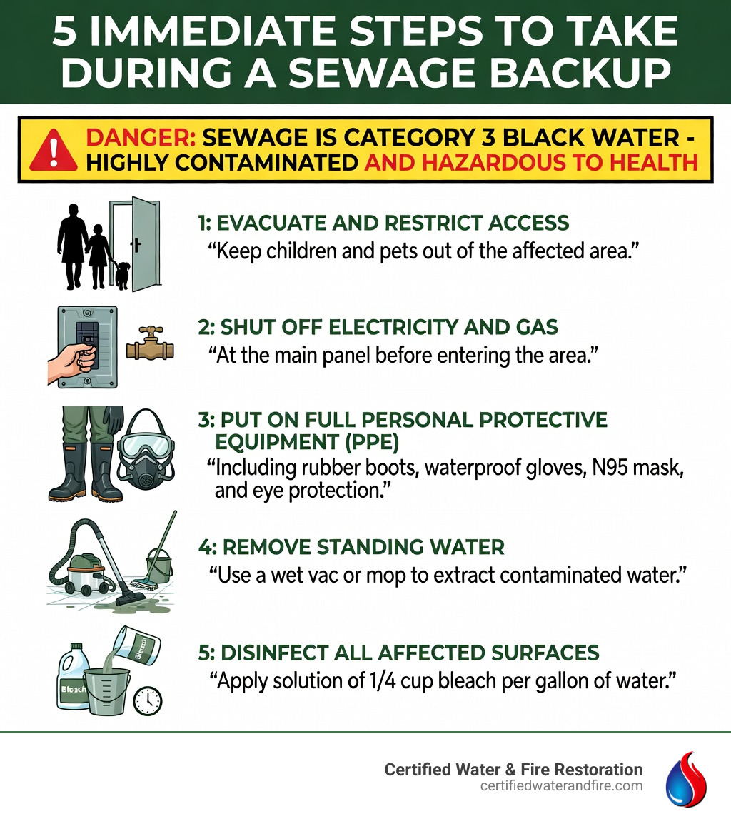 Infographic showing 5 immediate steps to take during a sewage backup: 1) Evacuate and keep children and pets out, 2) Shut off electricity and gas at the main panel, 3) Put on full PPE including rubber boots, waterproof gloves, N95 mask, and eye protection, 4) Remove standing water with wet vac or mop, 5) Apply bleach disinfectant solution (1/4 cup per gallon of water) to all affected surfaces; include icons for each step and a warning banner indicating sewage is Category 3 black water - how to cleanup sewage infographic 
