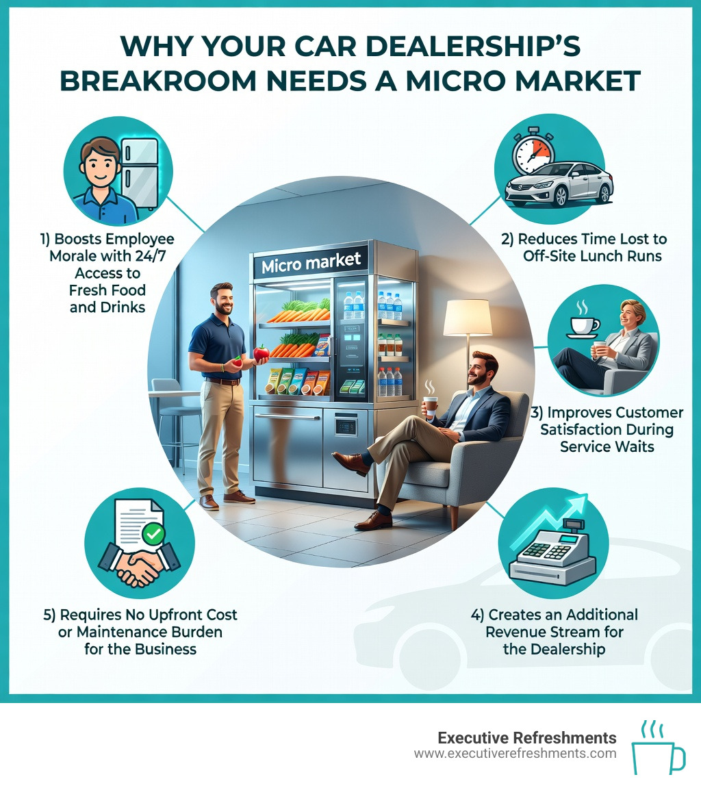Infographic showing five key benefits of micro markets for car dealerships: 1) Boosts employee morale with 24/7 access to fresh food and drinks, 2) Reduces time lost to off-site lunch runs, 3) Improves customer satisfaction during service waits, 4) Creates an additional revenue stream for the dealership, 5) Requires no upfront cost or maintenance burden for the business - Why Your Car Dealership’s Breakroom Needs a Micro Market infographic Infographic showing five key benefits of micro markets for car dealerships: 1) Boosts employee morale with 24/7 access to fresh food and drinks, 2) Reduces time lost to off-site lunch runs, 3) Improves customer satisfaction during service waits, 4) Creates an additional revenue stream for the dealership, 5) Requires no upfront cost or maintenance burden for the business - Why Your Car Dealership’s Breakroom Needs a Micro Market infographic