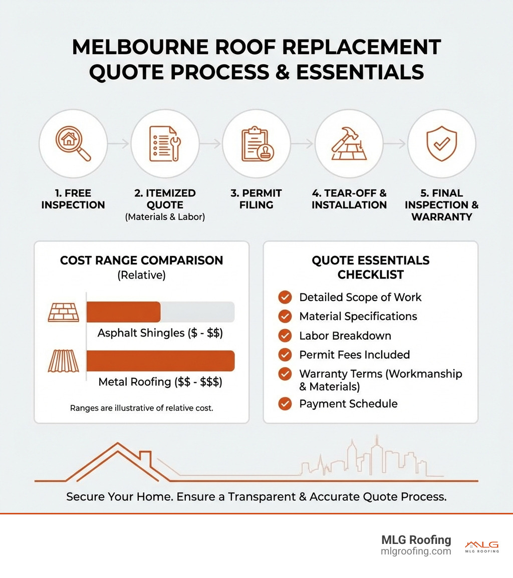 Infographic showing the 2026 Melbourne FL roof replacement quote process: step 1 free inspection, step 2 itemized quote with materials and labor breakdown, step 3 permit filing by contractor, step 4 tear-off and installation, step 5 final inspection and warranty; includes cost range table for asphalt shingles vs metal roofing and a checklist of what every quote should include - melbourne roof replacement quotes infographic 