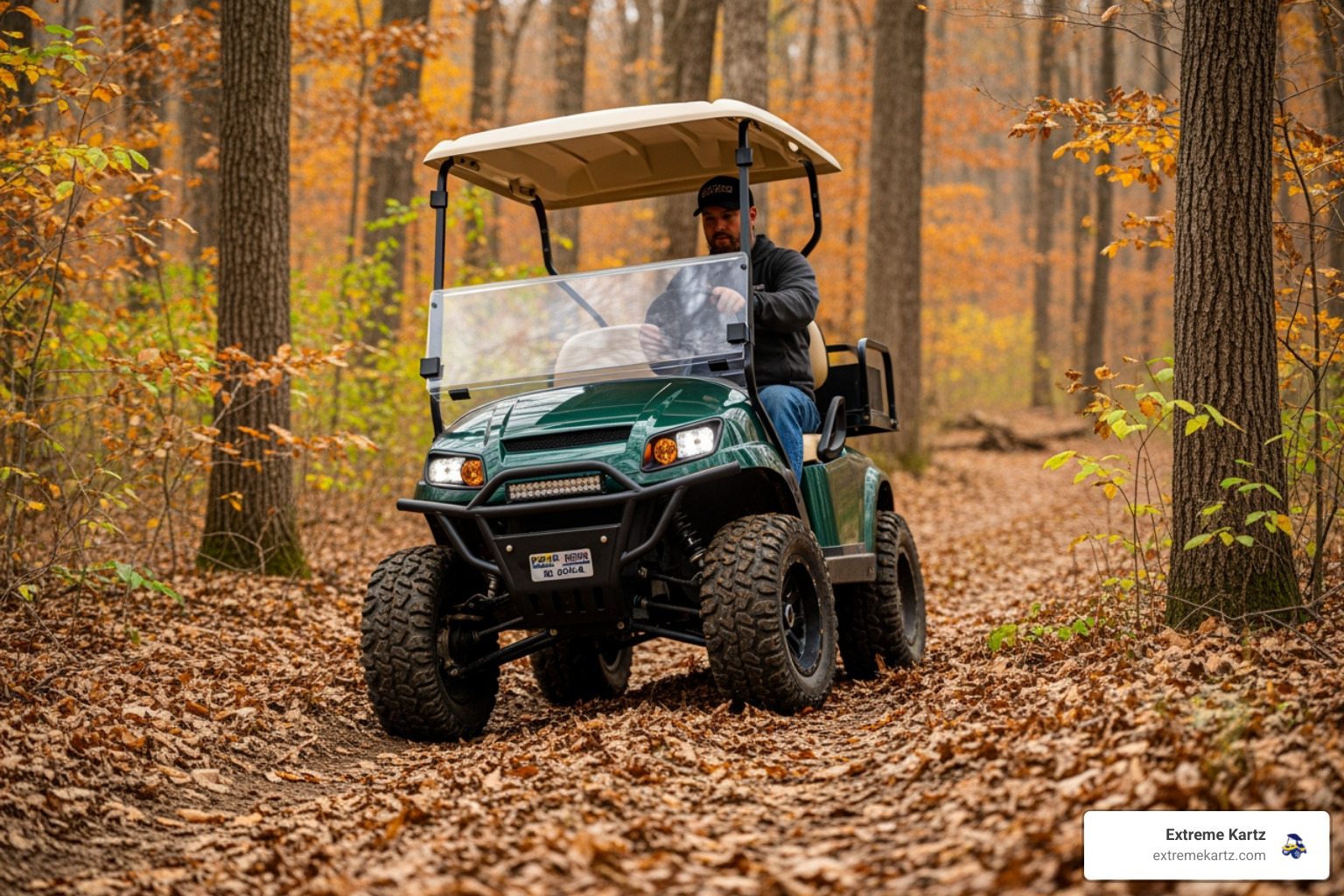 A golf cart equipped with rugged all-terrain tires navigating a leaf-covered wooded trail in the autumn - golf cart rims and tires