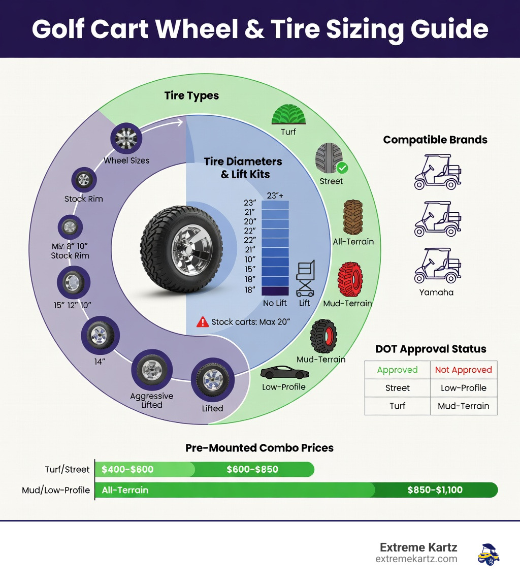Infographic showing golf cart wheel sizes (8" to 15"), corresponding tire diameter ranges (18" to 23"+), lift kit requirements, compatible cart brands (Club Car, EZGO, Yamaha), tire type categories (Turf, Street, All-Terrain, Mud-Terrain, Low-Profile), DOT approval status for street-legal use, and typical price ranges for complete pre-mounted combos - golf cart rims and tires infographic 