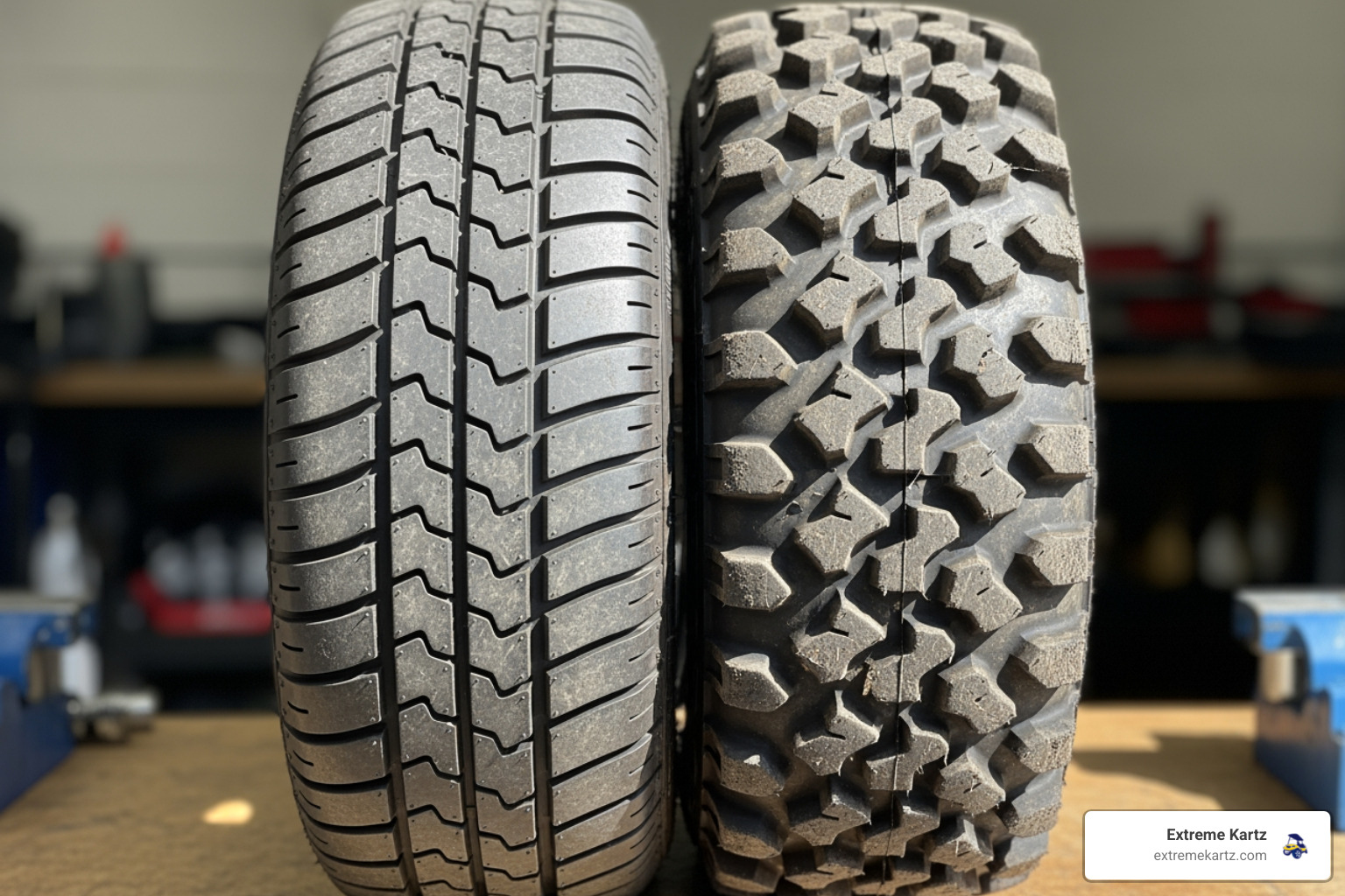 A close-up comparison of two golf cart tires side-by-side: one is a smooth-tread turf tire designed for grass, and the other is a rugged all-terrain tire with deep, aggressive lugs for dirt and mud - golf cart rims tires