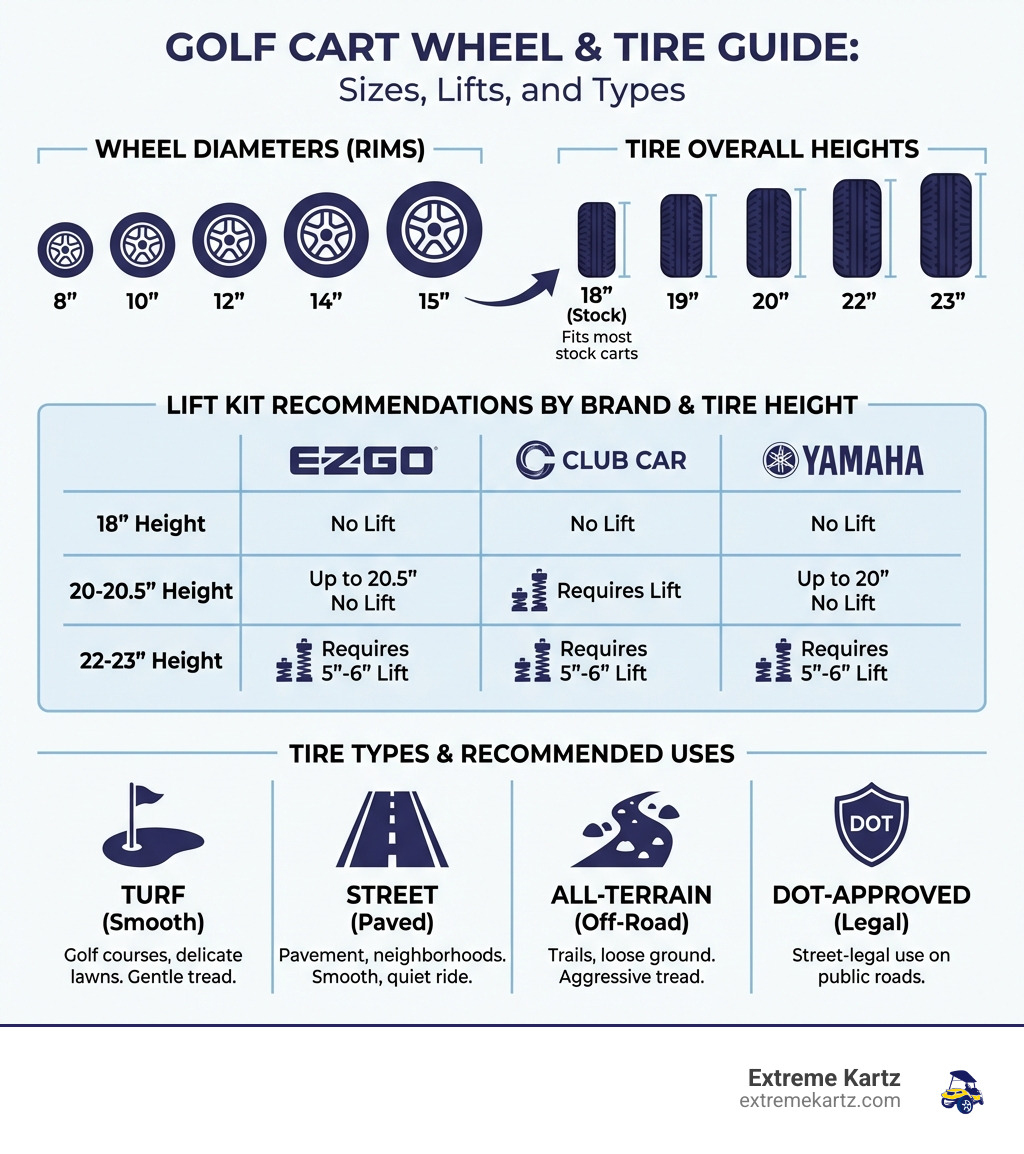 Infographic showing golf cart wheel sizes from 8 to 15 inches, corresponding tire overall heights from 18 to 23 inches, lift kit requirements by brand (EZGO, Club Car, Yamaha) for each tire height, and tire type categories (turf, street, all-terrain, DOT-approved) with recommended use cases for each - golf cart rims tires infographic 