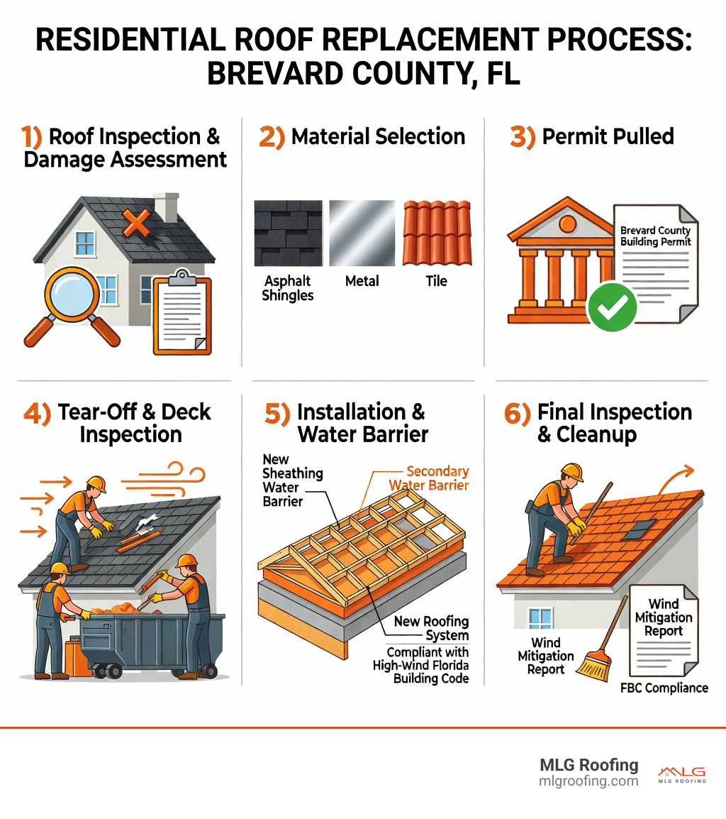 Step-by-step residential roof replacement process infographic for Brevard County FL showing 6 stages: 1) Roof inspection and damage assessment, 2) Material selection (shingles, metal, tile), 3) Permit pulled from Brevard County Building Department, 4) Old roof tear-off and deck inspection, 5) Installation of Secondary Water Barrier and new roofing system to high-wind Florida Building Code requirements, 6) Final inspection, cleanup, and wind mitigation report - residential roof replacement brevard county fl infographic 