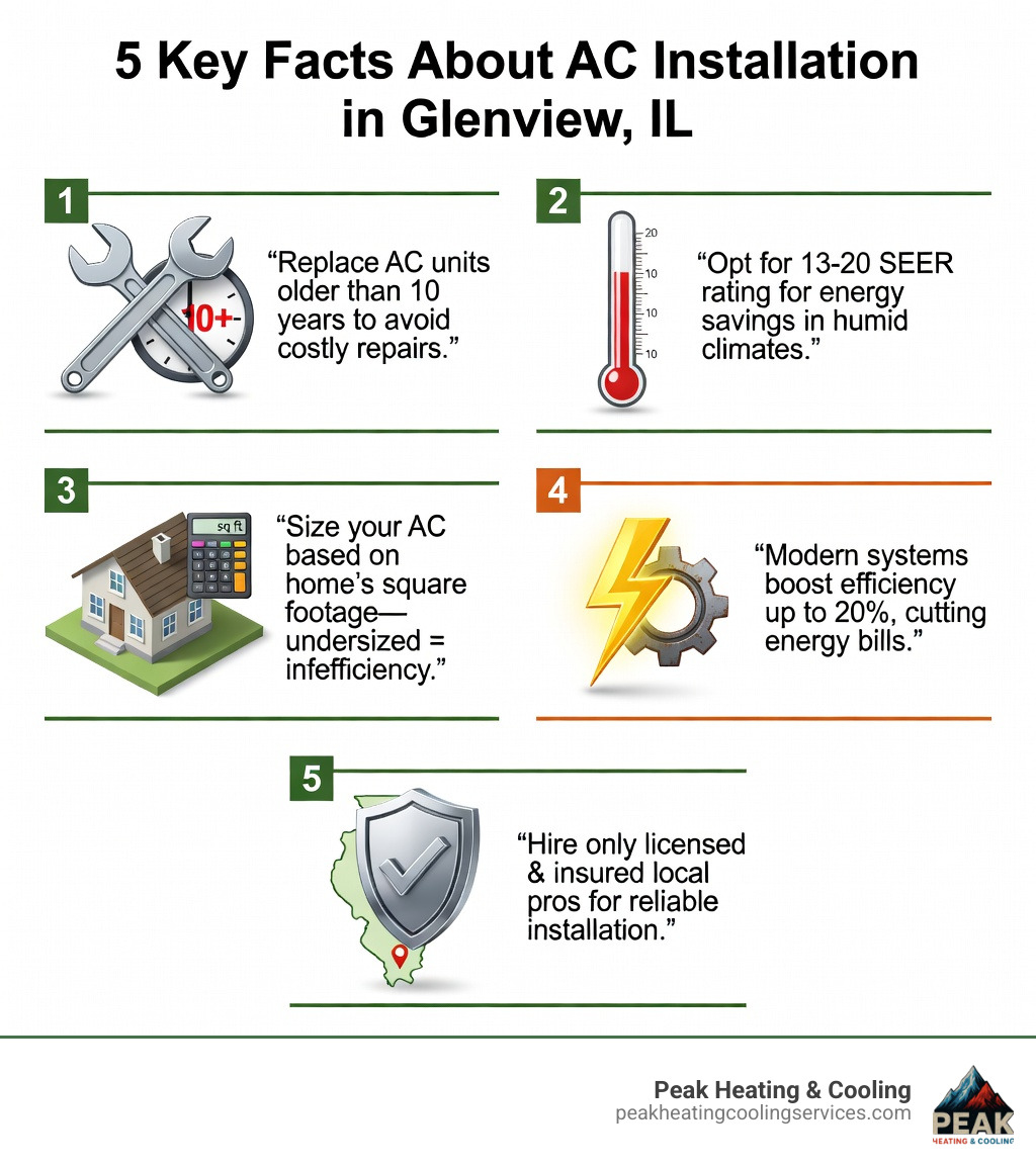Infographic showing 5 key facts about AC installation in Glenview IL: 1) Replace units older than 10 years, 2) Look for 13-20 SEER rating, 3) Proper sizing based on home square footage is critical, 4) New systems can improve efficiency by up to 20%, 5) Always hire a licensed and insured local HVAC contractor for best results - air conditioner installation Glenview infographic Infographic showing 5 key facts about AC installation in Glenview IL: 1) Replace units older than 10 years, 2) Look for 13-20 SEER rating, 3) Proper sizing based on home square footage is critical, 4) New systems can improve efficiency by up to 20%, 5) Always hire a licensed and insured local HVAC contractor for best results - air conditioner installation Glenview infographic