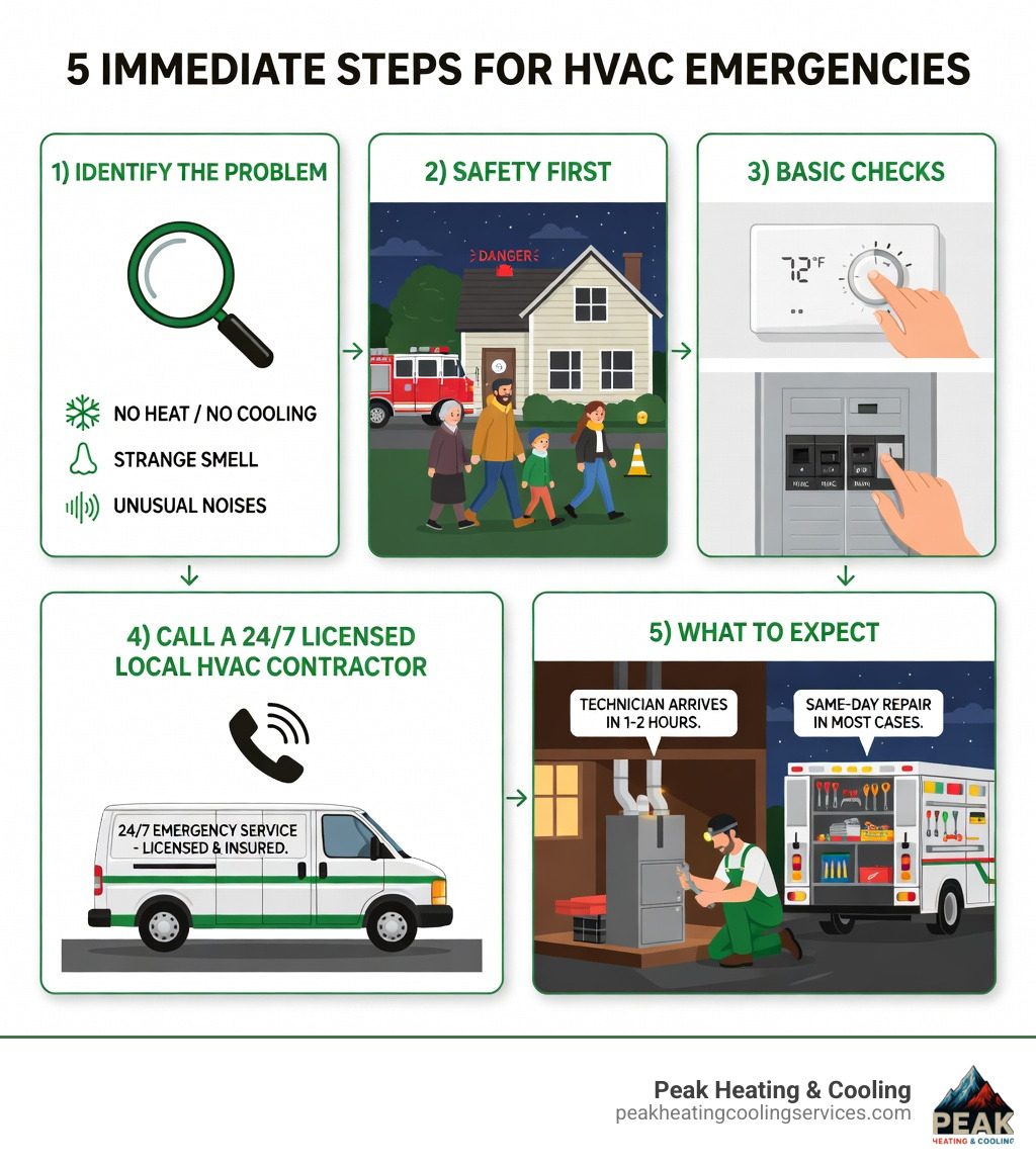 Infographic showing 5 immediate steps for HVAC emergencies: 1) Identify the problem - no heat, no cooling, strange smell, or noises; 2) Safety first - evacuate if gas smell or CO suspected, call 911; 3) Basic checks - verify thermostat settings, check circuit breaker; 4) Call a 24/7 licensed local HVAC contractor in Chicagoland; 5) What to expect - technician arrives in 1-2 hours, same-day repair in most cases, fully stocked service truck - emergency hvac services near me infographic 
