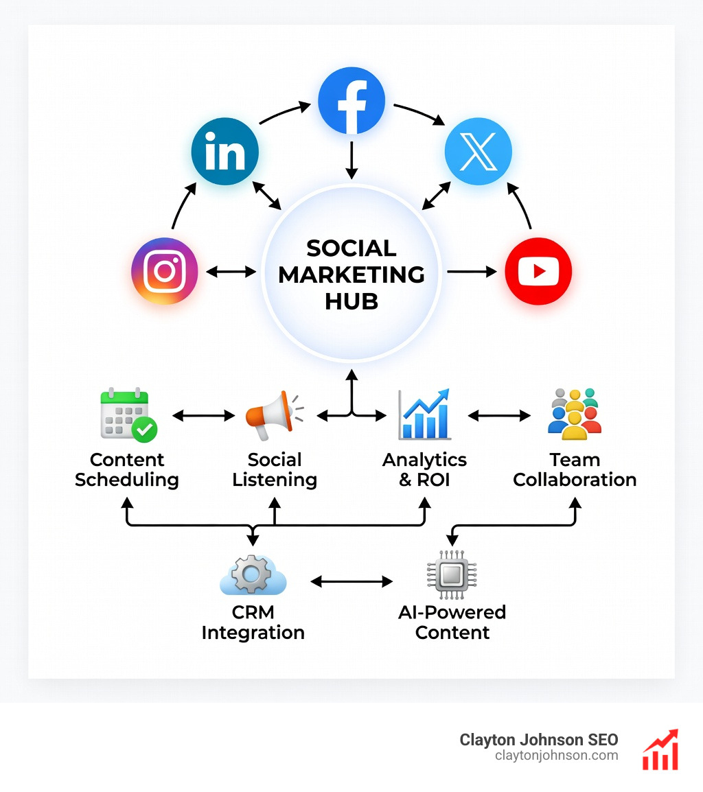 Infographic showing a social marketing hub ecosystem: a central dashboard connected to platforms (Instagram, LinkedIn, Facebook, Twitter, YouTube), feeding into four output categories — Content Scheduling, Social Listening, Analytics & ROI, and Team Collaboration — with arrows showing data flowing back to a CRM and AI content tools - social marketing hub infographic 