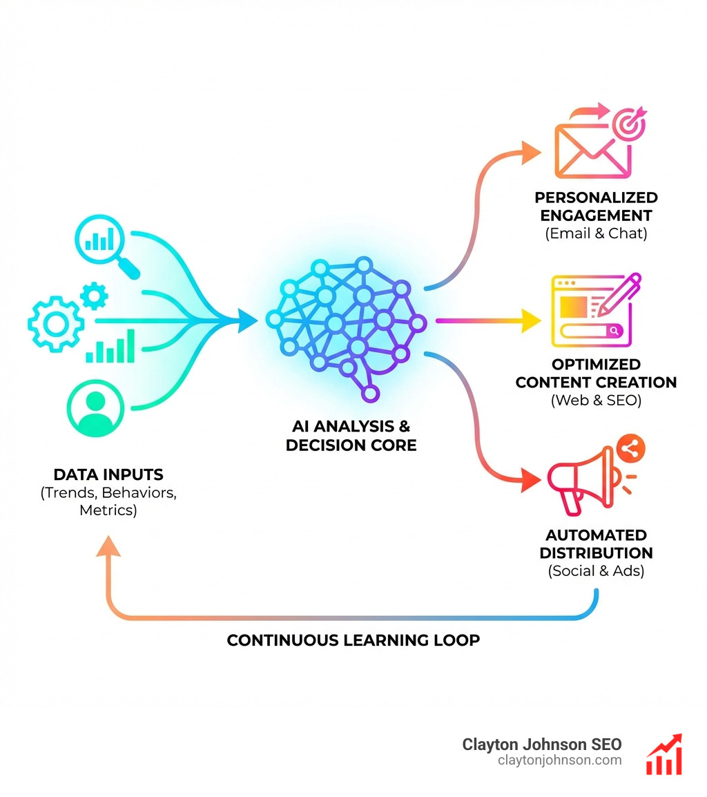 A visual representation of an automated marketing pipeline: Data flows from a CRM into an AI analysis node, which then triggers content generation in Jasper, SEO optimization in Surfer, and final distribution via email and social media automations - ai marketing software
