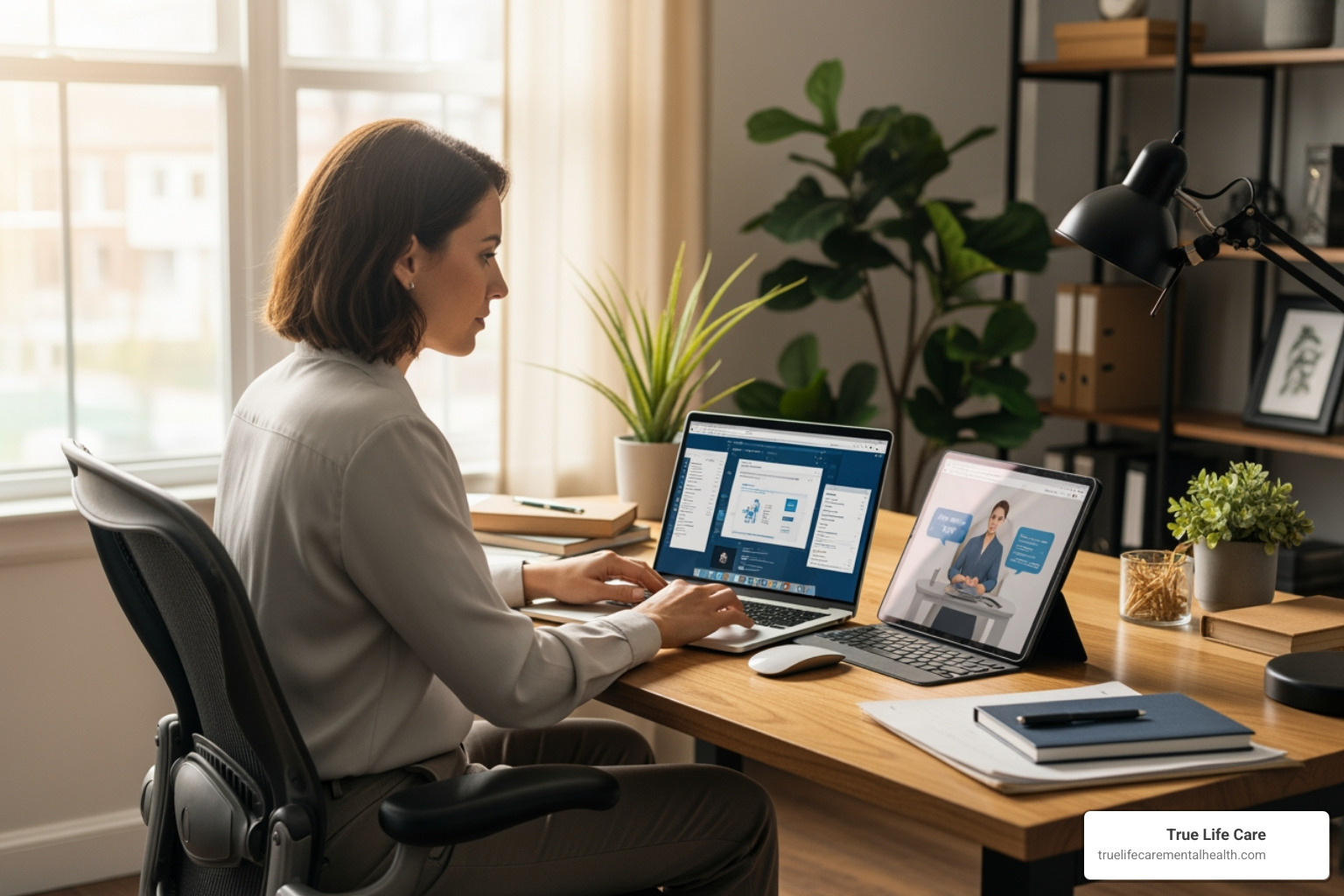 Busy professional balancing work on a laptop while attending a virtual therapy session on a tablet - Virtual IOP in New Jersey
