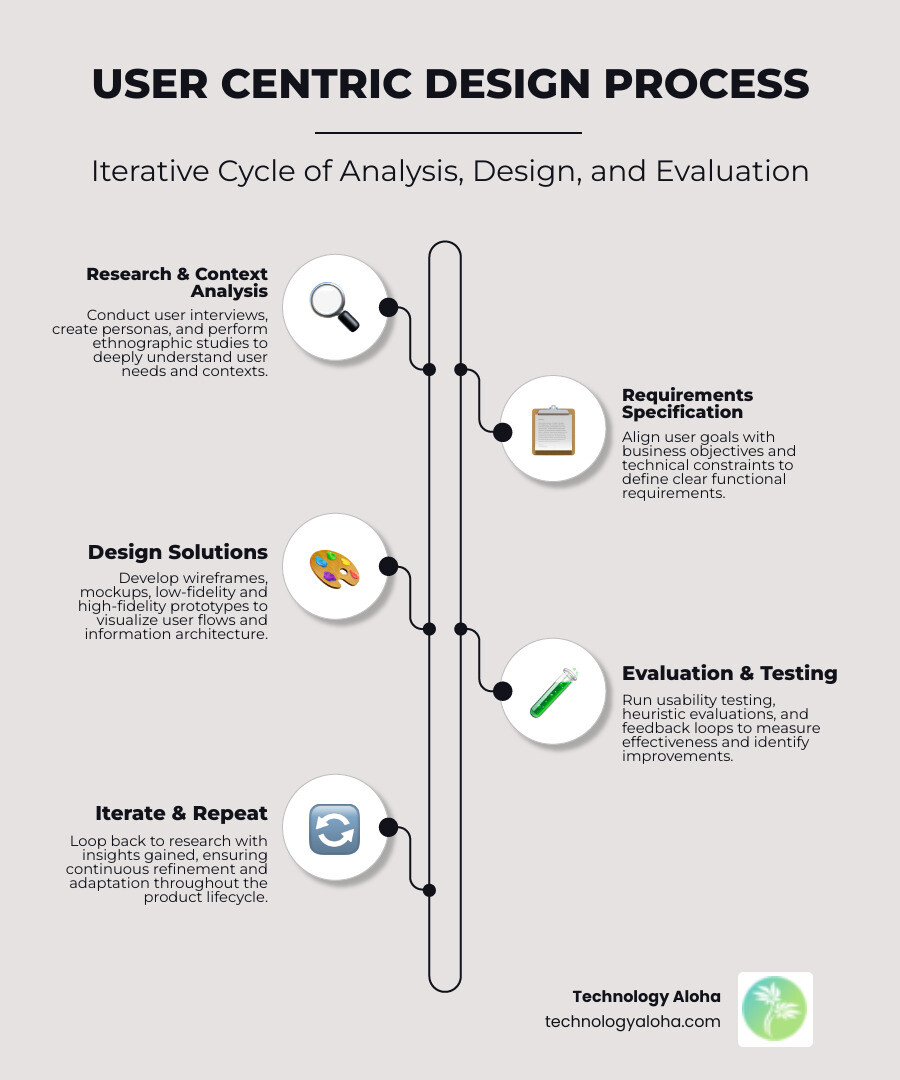 Infographic showing the iterative UCD cycle with four stages arranged in a circular loop: Stage 1 Research and Context Analysis (user interviews, personas, ethnographic study), Stage 2 Requirements Specification (user goals, business objectives, technical constraints), Stage 3 Design Solutions (wireframes, mockups, low and high fidelity prototypes), Stage 4 Evaluation and Testing (usability testing, heuristic evaluation, feedback loops) — with an arrow looping back from Stage 4 to Stage 1 to illustrate continuous iteration - user centric design process infographic infographic-line-5-steps-elegant_beige Infographic showing the iterative UCD cycle with four stages arranged in a circular loop: Stage 1 Research and Context Analysis (user interviews, personas, ethnographic study), Stage 2 Requirements Specification (user goals, business objectives, technical constraints), Stage 3 Design Solutions (wireframes, mockups, low and high fidelity prototypes), Stage 4 Evaluation and Testing (usability testing, heuristic evaluation, feedback loops) — with an arrow looping back from Stage 4 to Stage 1 to illustrate continuous iteration - user centric design process infographic infographic-line-5-steps-elegant_beige