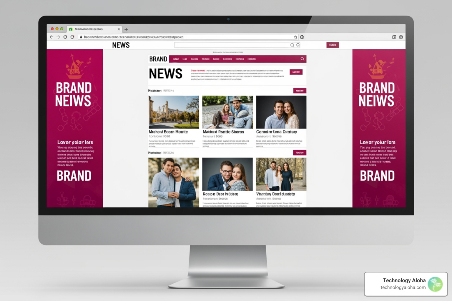 Example of a website skin ad: A desktop browser view showing a news website where the background 'margins' on the left and right are replaced by a vibrant brand advertisement that stays visible while the user scrolls through the central content - high impact digital ads