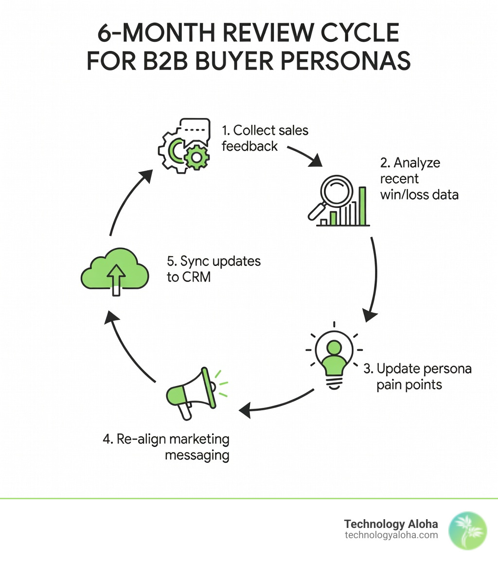Infographic showing the 6-month review cycle for B2B buyer personas: 1. Collect sales feedback, 2. Analyze recent win/loss data, 3. Update persona pain points, 4. Re-align marketing messaging, 5. Sync updates to CRM - b2b buyer persona template infographic Infographic showing the 6-month review cycle for B2B buyer personas: 1. Collect sales feedback, 2. Analyze recent win/loss data, 3. Update persona pain points, 4. Re-align marketing messaging, 5. Sync updates to CRM - b2b buyer persona template infographic