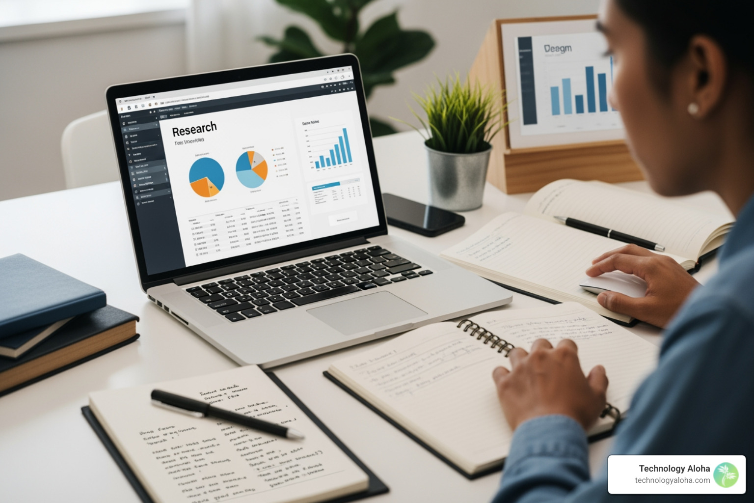 A professional workspace with a laptop, notebooks, and a person conducting research to represent the data-driven phase of user-centric design - best practices for user-centric website design