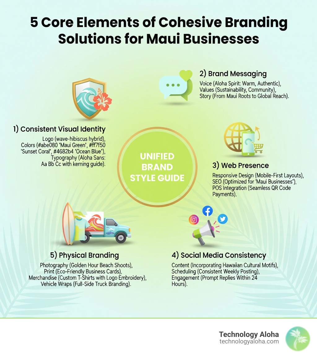 Infographic showing the 5 core elements of cohesive branding solutions for Maui businesses: 1) Consistent Visual Identity (logo, colors, typography), 2) Brand Messaging (voice, values, story), 3) Web Presence (responsive design, SEO, POS integration), 4) Social Media Consistency (content, scheduling, engagement), 5) Physical Branding (photography, print, merchandise, vehicle wraps) — all unified under one brand style guide - cohesive branding solutions Maui infographic 