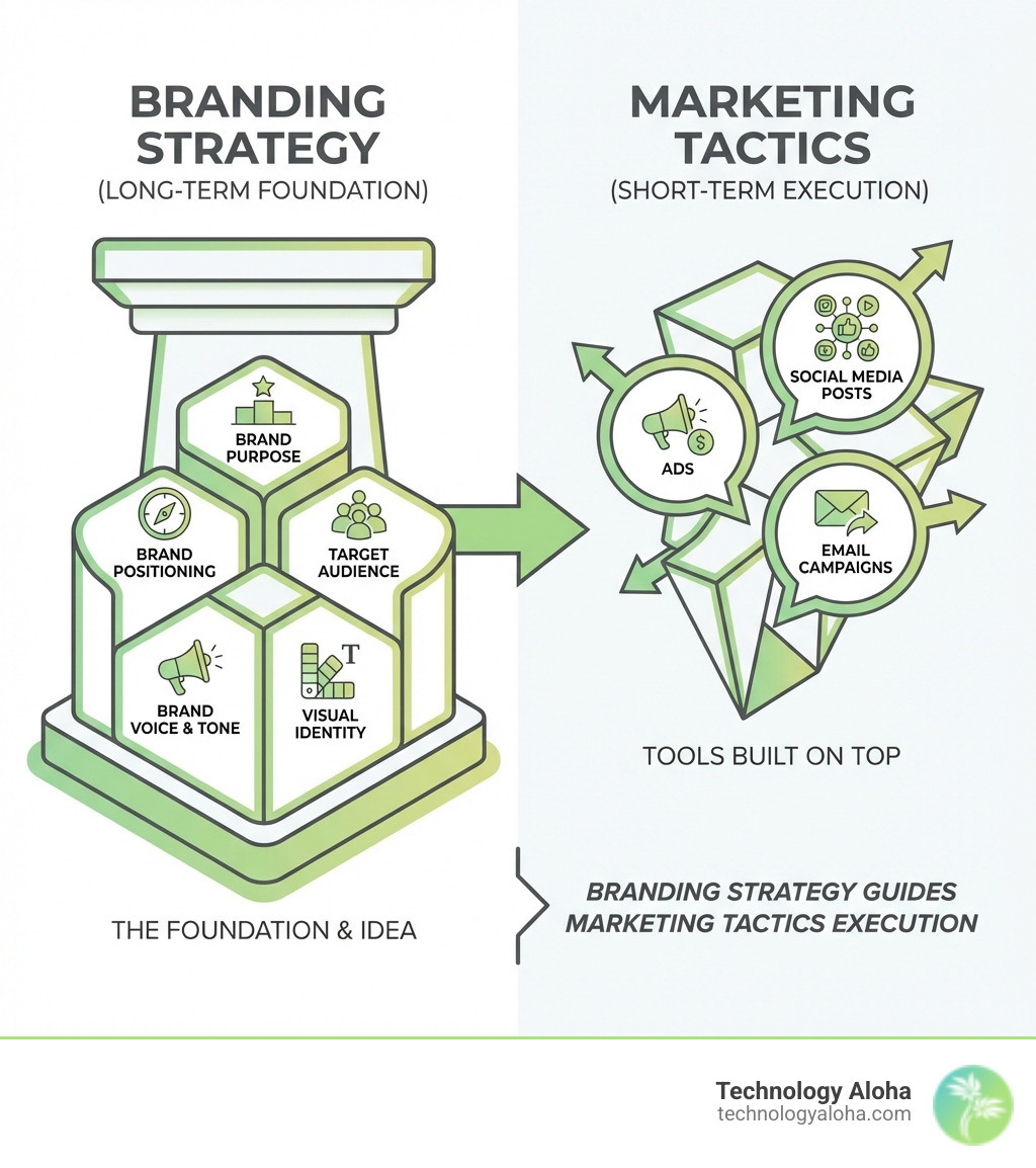 Infographic showing the difference between branding strategy and marketing tactics: branding strategy is a long-term plan covering brand purpose, positioning, audience, voice, and visual identity, while marketing tactics are short-term activities like ads, social media posts, and email campaigns that execute the strategy; branding strategy is the foundation, marketing tactics are the tools built on top of it - branding strategy infographic 