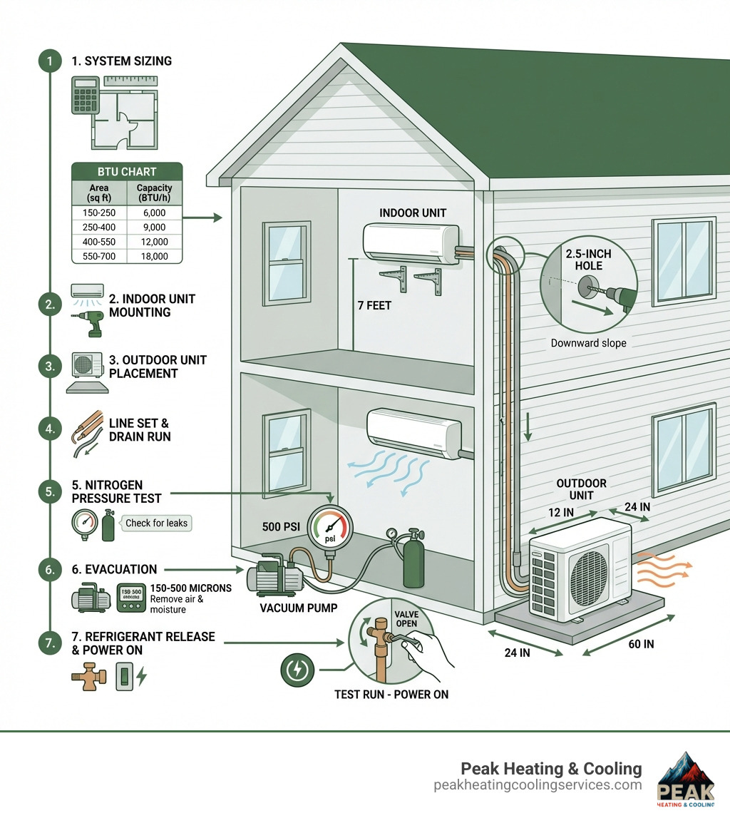 Step-by-step infographic showing the mini split AC installation process: (1) system sizing with BTU chart, (2) indoor unit wall mounting at 7 feet with bracket and 2.5-inch hole drilled at downward slope, (3) outdoor unit placed on level concrete pad with clearance arrows, (4) copper line set and drain line running through wall, (5) nitrogen pressure test gauge at 500 psi, (6) vacuum pump evacuating to 150-500 microns, (7) refrigerant valve open and system powered on for test run — clean flat design with labeled steps and Midwest suburban home cross-section illustration - installing a mini split ac system infographic 