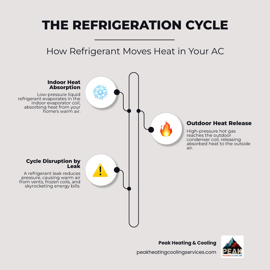 Infographic showing the refrigeration cycle with labeled stages: refrigerant absorbs indoor heat at the evaporator coil, travels as hot gas to the outdoor compressor, releases heat through the condenser coil, and returns as cool liquid — with a side panel showing how a leak disrupts this cycle, causing warm air, frozen coils, and higher energy bills in a Chicagoland home - air conditioner gas leak repair infographic infographic-line-3-steps-elegant_beige
