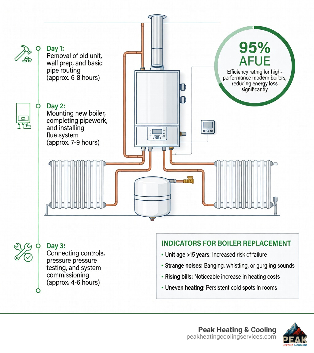 Infographic showing the key components of a central heating boiler installation including the boiler unit, pipework connections, radiators, thermostat controls, flue venting system, pressure relief valve, and hot water cylinder, with labels indicating typical installation timeline of 1-3 days, 95% AFUE efficiency rating for modern units, and a checklist of signs that indicate replacement is needed such as age over 15 years, strange noises, rising energy bills, and uneven heating across rooms - central heating boiler installation infographic Infographic showing the key components of a central heating boiler installation including the boiler unit, pipework connections, radiators, thermostat controls, flue venting system, pressure relief valve, and hot water cylinder, with labels indicating typical installation timeline of 1-3 days, 95% AFUE efficiency rating for modern units, and a checklist of signs that indicate replacement is needed such as age over 15 years, strange noises, rising energy bills, and uneven heating across rooms - central heating boiler installation infographic