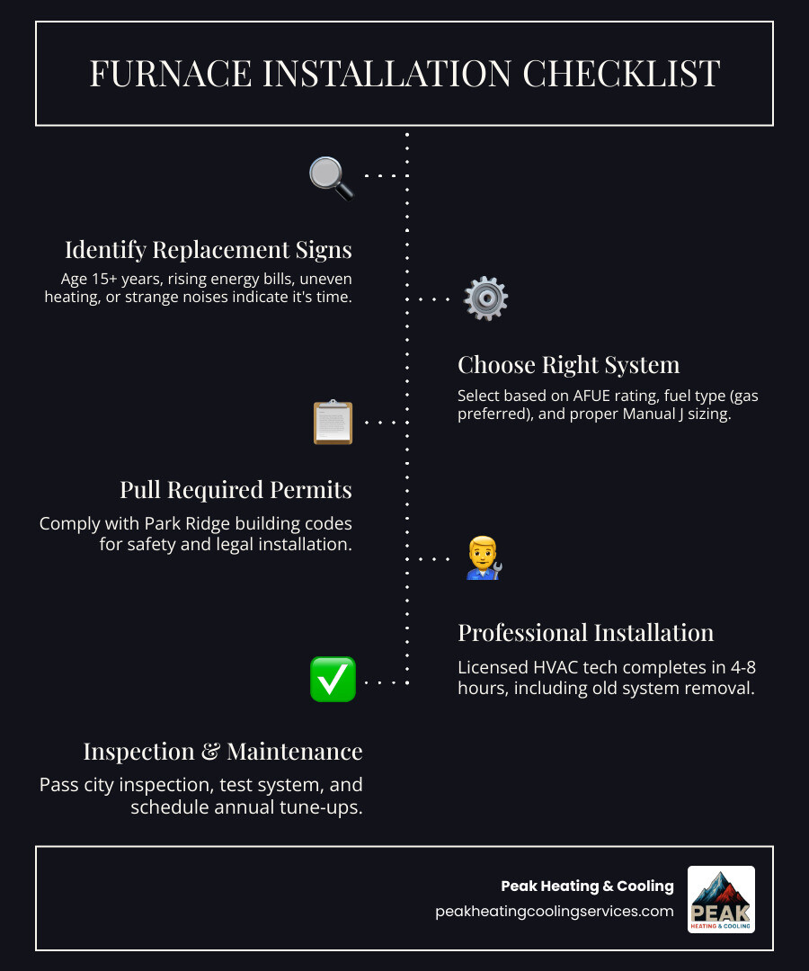 Furnace installation checklist infographic showing 6 steps: 1. Identify replacement signs (age 15+ years, rising bills, uneven heat), 2. Choose the right system (AFUE rating, fuel type, sizing), 3. Pull required permits (Park Ridge building code compliance), 4. Professional installation by licensed HVAC technician (4-8 hours), 5. City inspection and system testing, 6. Schedule annual maintenance tune-up - furnace installation Park Ridge infographic infographic-line-5-steps-dark