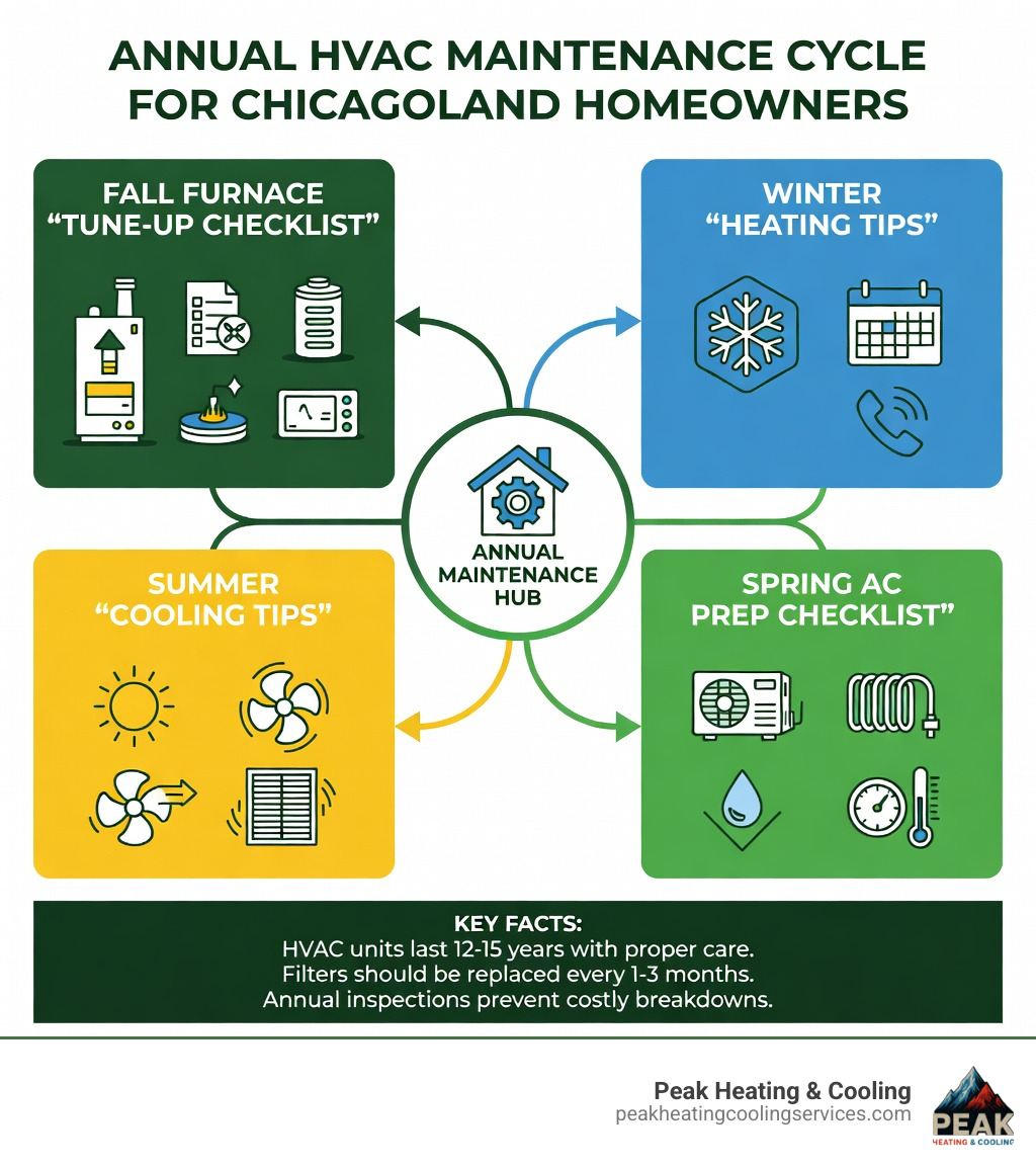 Infographic showing the annual HVAC maintenance cycle for Chicagoland homeowners: Fall furnace tune-up checklist including filter replacement, heat exchanger inspection, burner cleaning, and thermostat test; Winter tips including monthly filter checks and emergency contact info; Spring AC prep checklist including coil cleaning, refrigerant check, drain line flush, and thermostat calibration; Summer tips including monthly filter checks and airflow monitoring; Key facts: HVAC units last 12-15 years with proper care, filters should be replaced every 1-3 months, annual inspections prevent major breakdowns - service heating and air conditioning infographic 