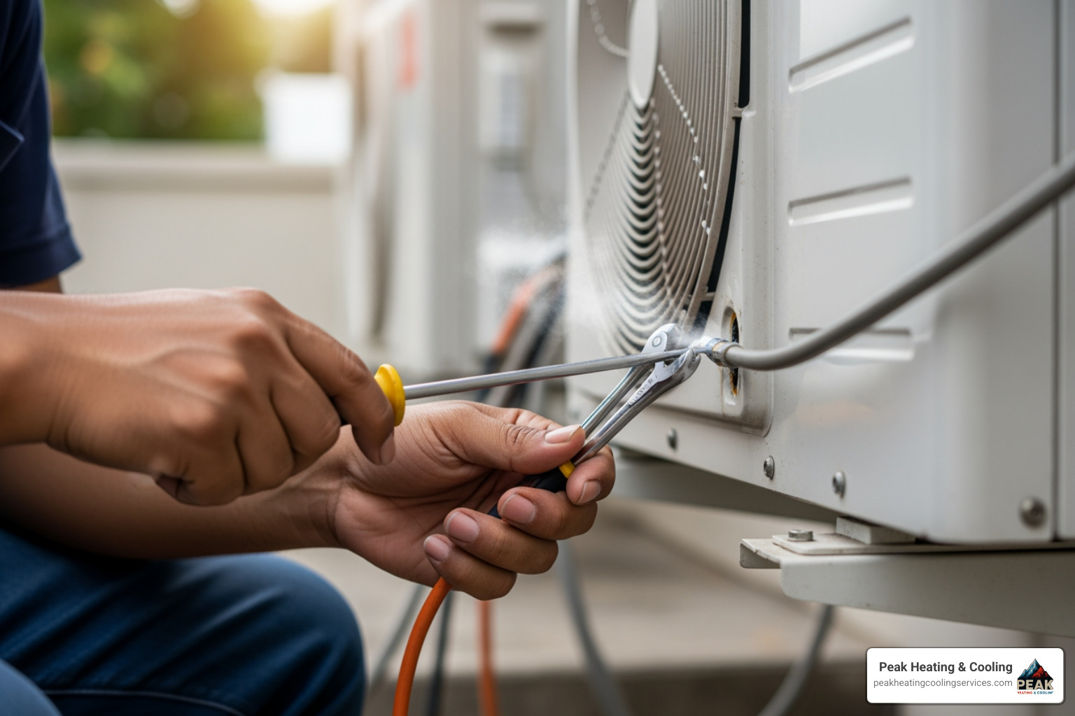 A professional HVAC technician in a clean uniform inspecting an indoor air handler where water has begun pooling on the floor of a Glenview basement, indicating a potential refrigerant leak and frozen coil - air conditioner gas leak repair