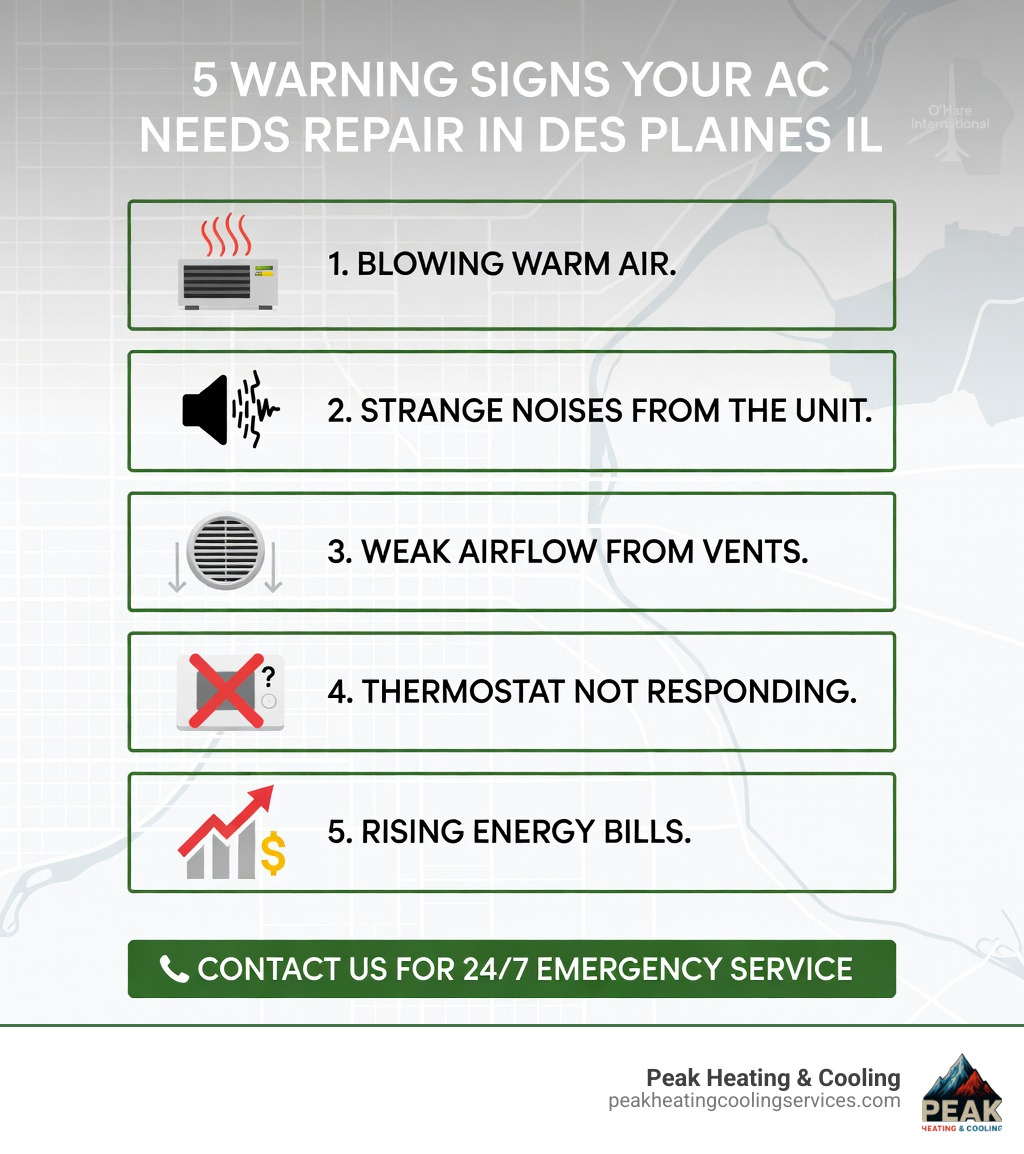 Infographic showing 5 warning signs your AC needs repair in Des Plaines IL: blowing warm air, strange noises from the unit, weak airflow from vents, thermostat not responding, and rising energy bills — with a call to action to contact Peak Heating & Cooling for 24/7 emergency service - AC repair Des Plaines infographic 