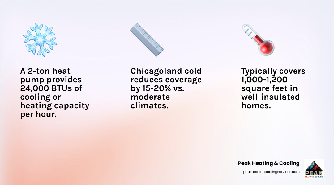 Infographic showing the relationship between heat pump tonnage, BTU capacity, and square footage coverage ranges by climate zone — including a table mapping 1 to 5 tons to BTU output and square footage ranges, with a callout box showing how Chicagoland cold climate conditions reduce coverage area by 15 to 20 percent compared to moderate climates, and a sidebar explaining that Manual J load calculation is the only accurate method for final sizing - 2 ton heat pump square footage infographic 3_facts_emoji_light-gradient