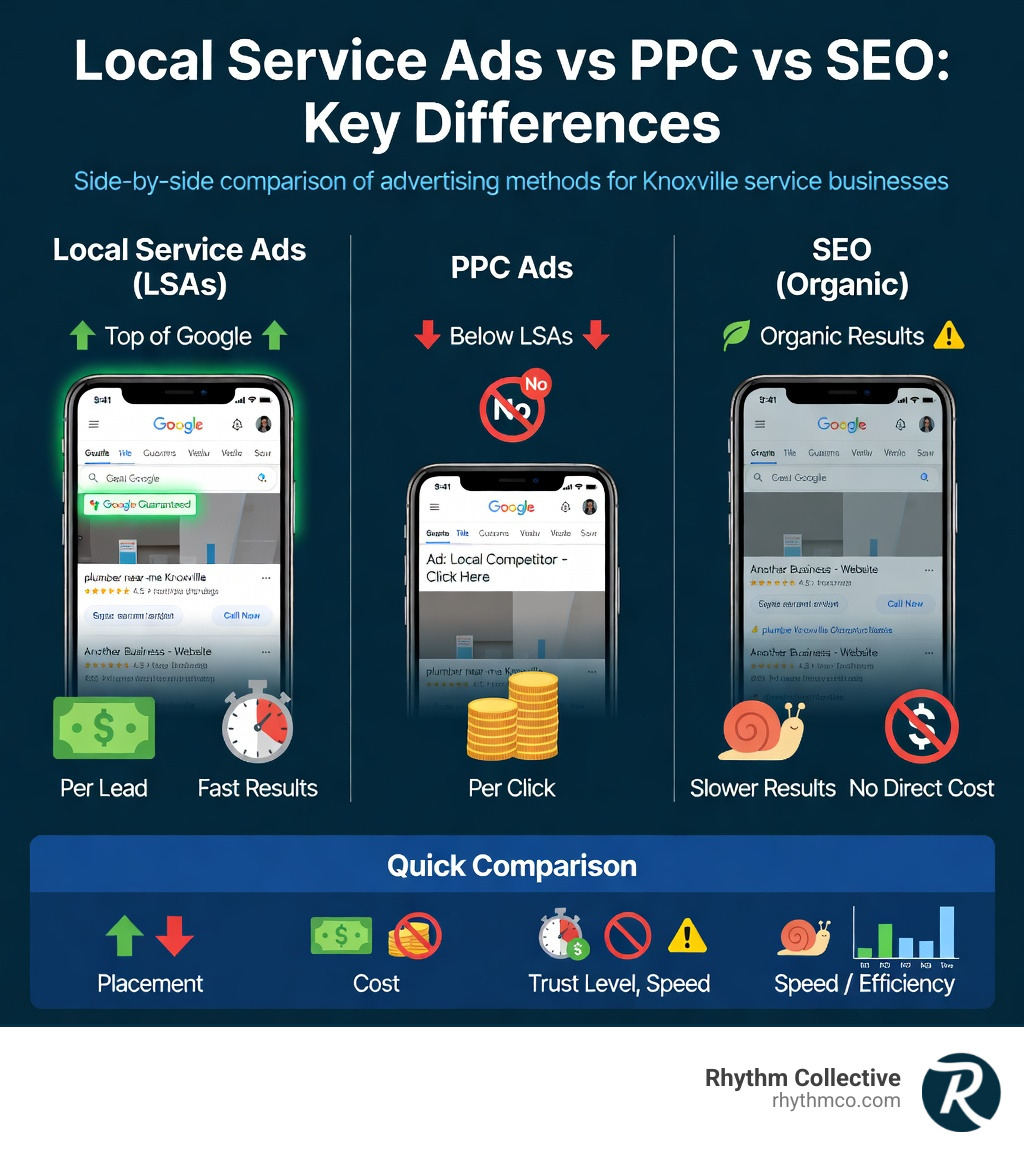 Infographic comparing Local Service Ads vs PPC vs SEO: three columns side by side showing key differences — LSAs appear at the top of Google with pay-per-lead pricing and a Google Guaranteed badge; PPC ads appear below LSAs with pay-per-click pricing and no trust badge; SEO appears in organic results with no direct cost per click but slower results and no badge, with icons for cost, placement, trust level, and speed of results for each - local service ads knoxville infographic Infographic comparing Local Service Ads vs PPC vs SEO: three columns side by side showing key differences — LSAs appear at the top of Google with pay-per-lead pricing and a Google Guaranteed badge; PPC ads appear below LSAs with pay-per-click pricing and no trust badge; SEO appears in organic results with no direct cost per click but slower results and no badge, with icons for cost, placement, trust level, and speed of results for each - local service ads knoxville infographic