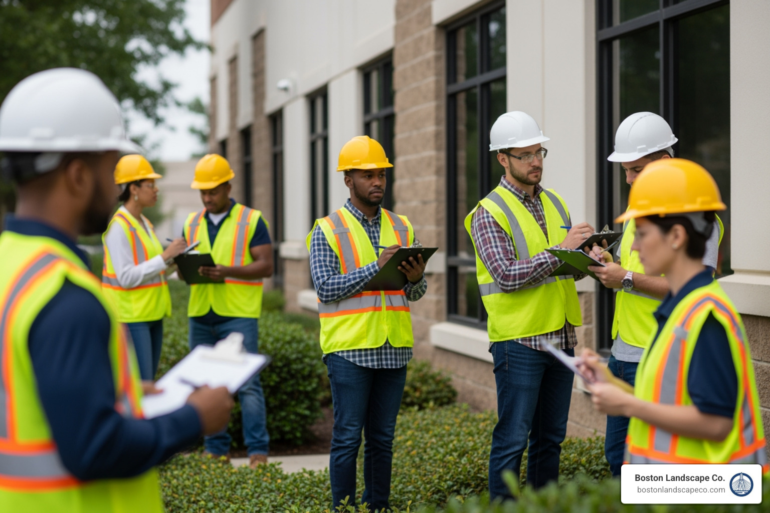 professional maintenance crew performing an inspection - commercial facility services