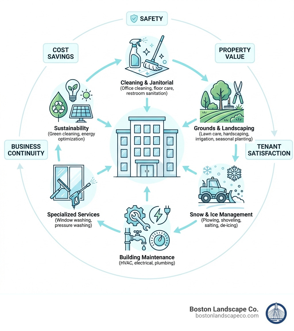 Infographic showing the integrated commercial facility services ecosystem: a commercial building at the center connected by arrows to six surrounding service categories — Cleaning & Janitorial, Grounds & Landscaping, Snow & Ice Management, Building Maintenance (HVAC, electrical, plumbing), Specialized Services (window washing, pressure washing), and Sustainability (green cleaning, energy optimization) — with labels indicating key benefits: safety, property value, tenant satisfaction, business continuity, and cost savings - commercial facility services infographic 
