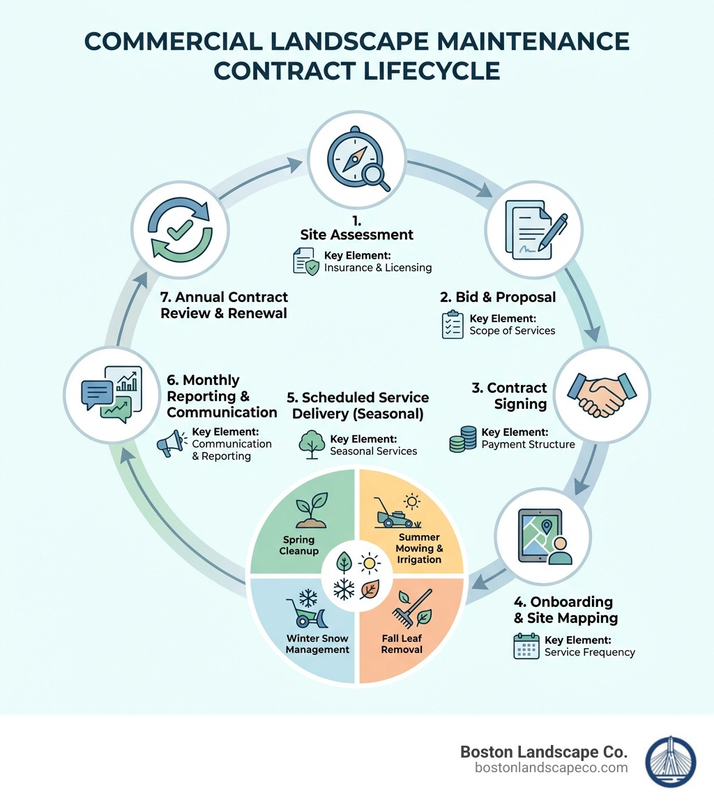 Infographic showing the lifecycle of a commercial landscape maintenance contract: site assessment, bid and proposal, contract signing, onboarding and site mapping, scheduled service delivery across seasons (spring cleanup, summer mowing and irrigation, fall leaf removal, winter snow management), monthly reporting and communication, annual contract review and renewal, with key contract elements labeled at each stage - commercial landscape maintenance contracts infographic Infographic showing the lifecycle of a commercial landscape maintenance contract: site assessment, bid and proposal, contract signing, onboarding and site mapping, scheduled service delivery across seasons (spring cleanup, summer mowing and irrigation, fall leaf removal, winter snow management), monthly reporting and communication, annual contract review and renewal, with key contract elements labeled at each stage - commercial landscape maintenance contracts infographic