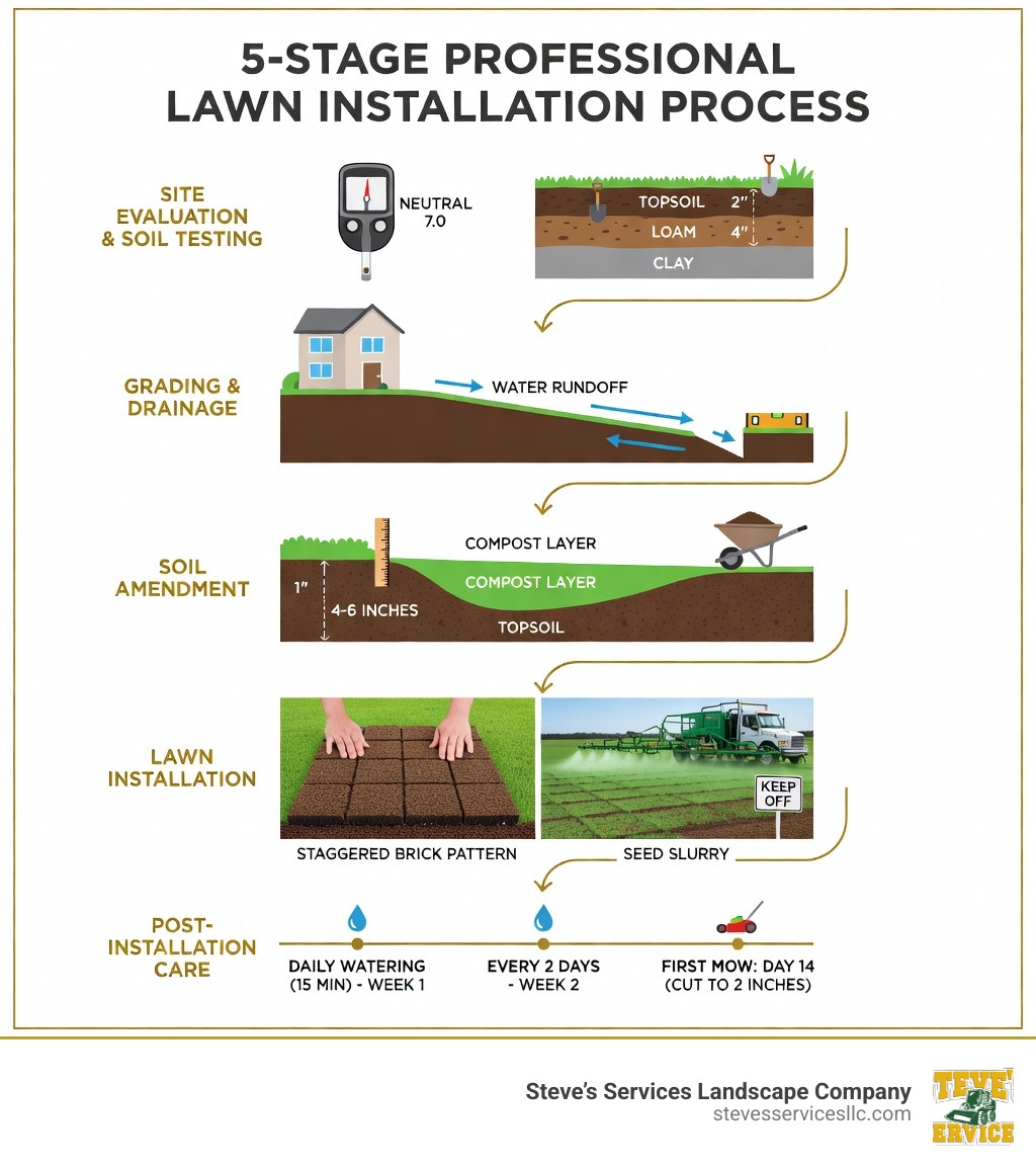 5-stage infographic showing the professional lawn installation process: Stage 1 - Site Evaluation and soil testing with pH meter and soil layers diagram; Stage 2 - Grading and Drainage showing slope angle and water runoff direction away from building; Stage 3 - Soil Amendment showing topsoil depth of 4-6 inches with compost layer; Stage 4 - Lawn Installation showing sod being laid in staggered brick pattern or hydroseeding spray application; Stage 5 - Post-Installation Care showing watering schedule timeline and first mow at day 14 - lawn install infographic 