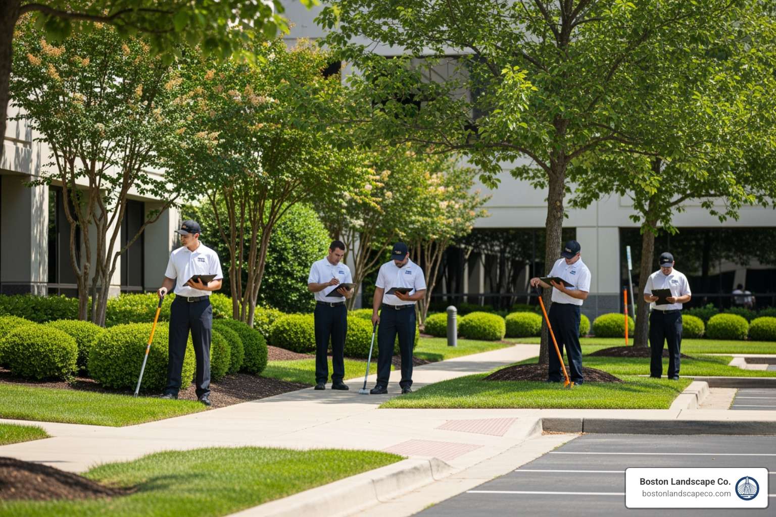 Professional landscaping crew performing a site audit on a commercial property - landscape maintenance for commercial properties