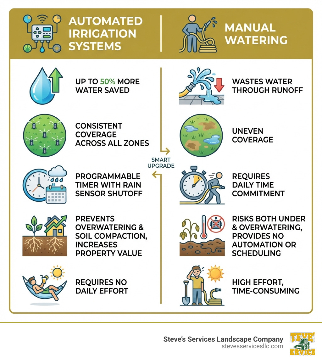 Infographic comparing automated irrigation systems vs. manual watering, showing side-by-side benefits: automated irrigation saves up to 50% more water, delivers consistent coverage across all zones, runs on a programmable timer with rain sensor shutoff, prevents overwatering and soil compaction, increases property value, and requires no daily effort; manual watering wastes water through runoff, delivers uneven coverage, requires daily time commitment, risks both under and overwatering, and provides no automation or scheduling features - home sprinkler installation infographic Infographic comparing automated irrigation systems vs. manual watering, showing side-by-side benefits: automated irrigation saves up to 50% more water, delivers consistent coverage across all zones, runs on a programmable timer with rain sensor shutoff, prevents overwatering and soil compaction, increases property value, and requires no daily effort; manual watering wastes water through runoff, delivers uneven coverage, requires daily time commitment, risks both under and overwatering, and provides no automation or scheduling features - home sprinkler installation infographic