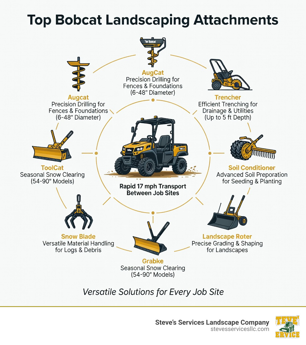 Infographic showing the top Bobcat landscaping attachments with icons for each tool: auger (6-48 inch diameter), trencher (5 ft depth), soil conditioner (carbide-tipped drum), landscape rake (60-72 inch width), tilt bucket (AR400 steel for grading), grapple (material handling), snow blade (54-90 inch models), and ToolCat utility vehicle (17 mph transport); with brief labels explaining each attachment's primary landscaping use case - bobcat landscaping infographic Infographic showing the top Bobcat landscaping attachments with icons for each tool: auger (6-48 inch diameter), trencher (5 ft depth), soil conditioner (carbide-tipped drum), landscape rake (60-72 inch width), tilt bucket (AR400 steel for grading), grapple (material handling), snow blade (54-90 inch models), and ToolCat utility vehicle (17 mph transport); with brief labels explaining each attachment's primary landscaping use case - bobcat landscaping infographic