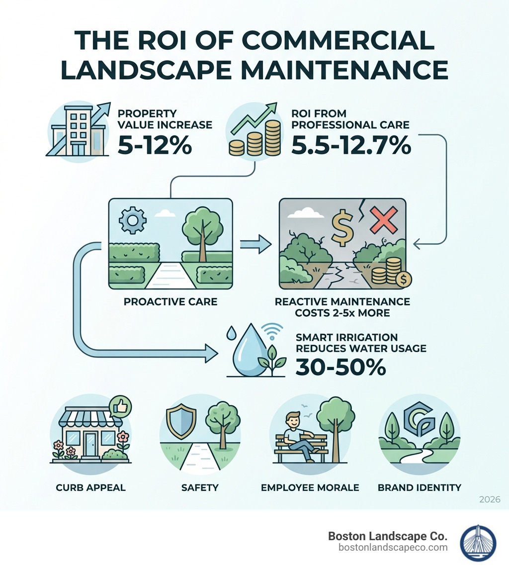 Infographic showing the ROI of commercial landscape maintenance: 5-12% property value increase, 5.5-12.7% ROI from professional care, reactive maintenance costs 2-5x more than proactive care, smart irrigation reduces water usage by 30-50%, with icons for curb appeal, safety, employee morale, and brand identity - landscape maintenance for commercial properties infographic 