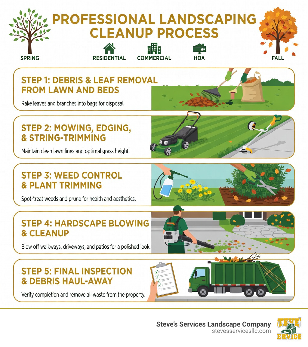 Infographic showing the professional landscaping cleanup process: Step 1 - Debris and leaf removal from lawn and beds; Step 2 - Mowing, edging, and string-trimming; Step 3 - Weed control and plant trimming; Step 4 - Hardscape blowing and cleanup; Step 5 - Final inspection and debris haul-away; with seasonal icons for spring and fall, and property type labels for Residential, Commercial, and HOA - landscaping cleanup services infographic 