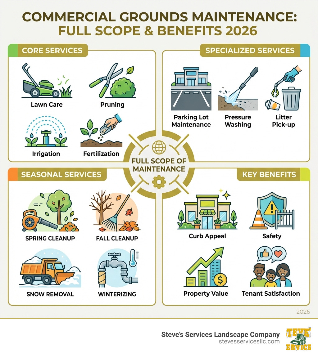 Infographic showing the full scope of commercial grounds maintenance: core services (lawn care, pruning, irrigation, fertilization), specialized services (parking lot maintenance, pressure washing, litter pick-up), seasonal services (spring cleanup, fall cleanup, snow removal, winterizing), and key benefits (curb appeal, safety, property value, tenant satisfaction) arranged in a four-quadrant visual layout - commercial grounds maintenance companies infographic Infographic showing the full scope of commercial grounds maintenance: core services (lawn care, pruning, irrigation, fertilization), specialized services (parking lot maintenance, pressure washing, litter pick-up), seasonal services (spring cleanup, fall cleanup, snow removal, winterizing), and key benefits (curb appeal, safety, property value, tenant satisfaction) arranged in a four-quadrant visual layout - commercial grounds maintenance companies infographic