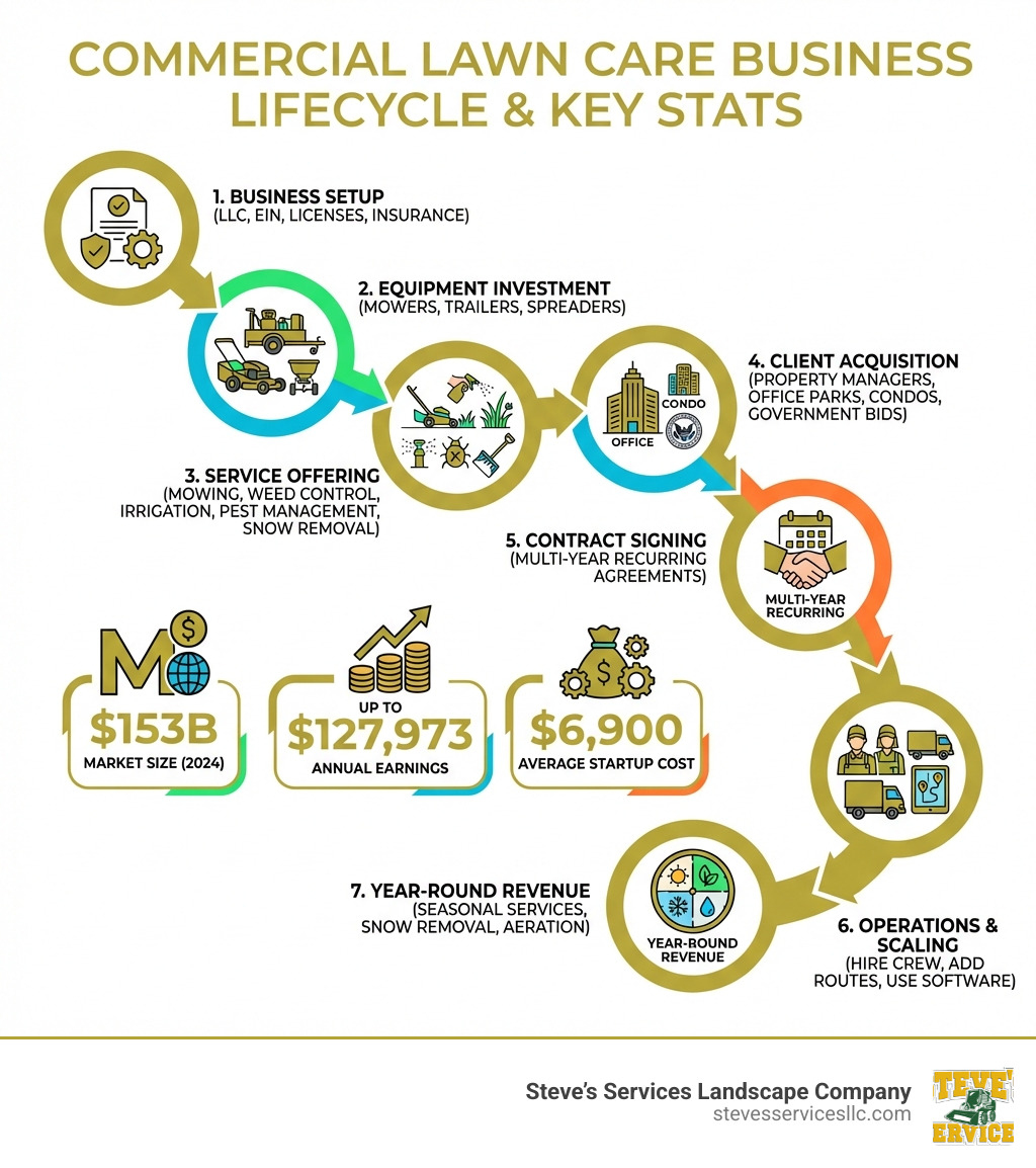 Infographic showing the commercial lawn care business lifecycle: Step 1 - Business Setup (register LLC, get EIN, licenses, insurance); Step 2 - Equipment Investment ($6,900 average startup, mowers, trailers, spreaders); Step 3 - Service Offering (mowing, weed control, irrigation, pest management, snow removal); Step 4 - Client Acquisition (property managers, office parks, condos, government bids); Step 5 - Contract Signing (multi-year recurring agreements); Step 6 - Operations & Scaling (hire crew, add routes, use software); Step 7 - Year-Round Revenue (seasonal services, snow removal, aeration); with key stats: $153B market size, up to $127,973 annual earnings, $6,900 average startup cost - commercial lawn care business infographic 
