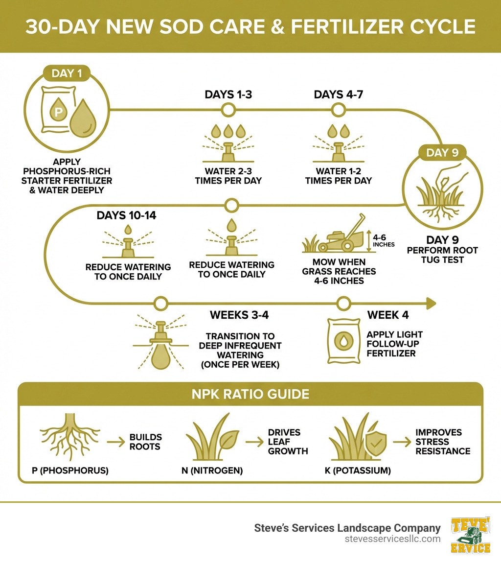 Infographic showing a 30-day new sod care cycle: Day 1 apply phosphorus-rich starter fertilizer and water deeply, Days 1-3 water 2-3 times per day, Days 4-7 water 1-2 times per day, Day 9 perform root tug test, Days 10-14 reduce watering to once daily and mow when grass reaches 4-6 inches, Week 4 apply light follow-up fertilizer, Weeks 3-4 transition to deep infrequent watering once per week; NPK ratio guide showing phosphorus builds roots, nitrogen drives leaf growth, potassium improves stress resistance - best fertilizer for newly laid sod infographic Infographic showing a 30-day new sod care cycle: Day 1 apply phosphorus-rich starter fertilizer and water deeply, Days 1-3 water 2-3 times per day, Days 4-7 water 1-2 times per day, Day 9 perform root tug test, Days 10-14 reduce watering to once daily and mow when grass reaches 4-6 inches, Week 4 apply light follow-up fertilizer, Weeks 3-4 transition to deep infrequent watering once per week; NPK ratio guide showing phosphorus builds roots, nitrogen drives leaf growth, potassium improves stress resistance - best fertilizer for newly laid sod infographic