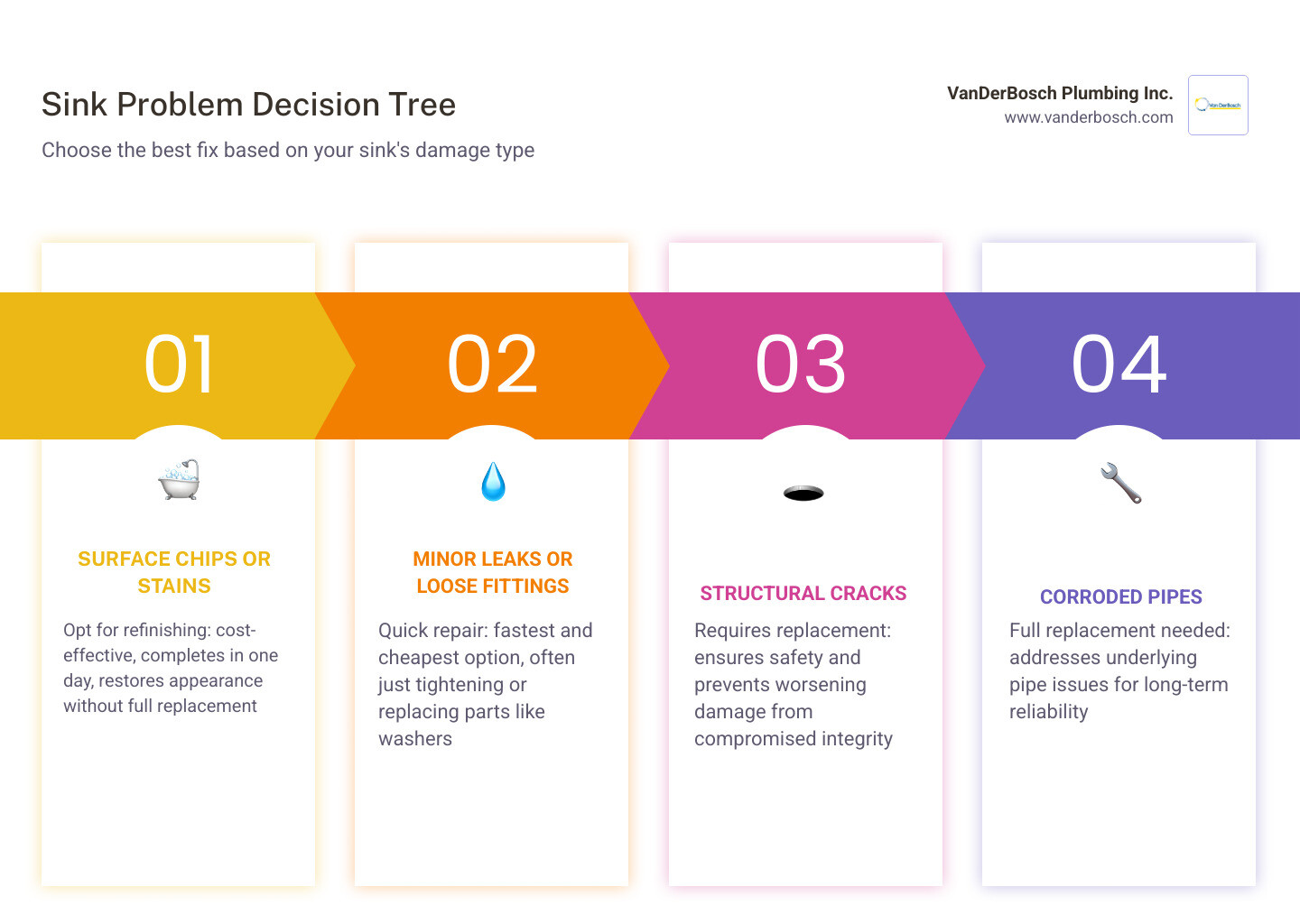 Infographic showing a sink repair vs. refinishing vs. replacement decision tree: start with visible damage type — surface chips or stains lead to refinishing (cost-effective, one day); minor leaks or loose fittings lead to repair (fastest, cheapest); structural cracks or corroded pipes lead to replacement (longest-lasting); each branch shows estimated cost range and typical timeline - Sink repair Oak Park infographic pillar-4-steps