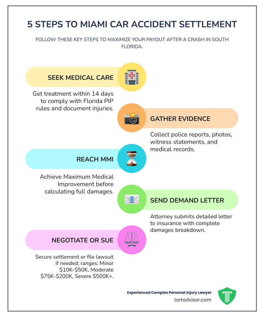 Infographic showing 5 steps to a Miami car accident settlement: Step 1 - Seek medical treatment within 14 days and file PIP claim; Step 2 - Gather evidence including police reports, photos, and witness statements; Step 3 - Reach Maximum Medical Improvement (MMI) before calculating damages; Step 4 - Attorney sends demand letter to insurance company with full damages breakdown; Step 5 - Negotiate settlement or file lawsuit; with settlement range tiers shown at bottom: Minor $10K-$50K, Moderate $75K-$200K, Severe $500K+ - Miami car accident settlement infographic infographic-line-5-steps-colors Infographic showing 5 steps to a Miami car accident settlement: Step 1 - Seek medical treatment within 14 days and file PIP claim; Step 2 - Gather evidence including police reports, photos, and witness statements; Step 3 - Reach Maximum Medical Improvement (MMI) before calculating damages; Step 4 - Attorney sends demand letter to insurance company with full damages breakdown; Step 5 - Negotiate settlement or file lawsuit; with settlement range tiers shown at bottom: Minor $10K-$50K, Moderate $75K-$200K, Severe $500K+ - Miami car accident settlement infographic infographic-line-5-steps-colors