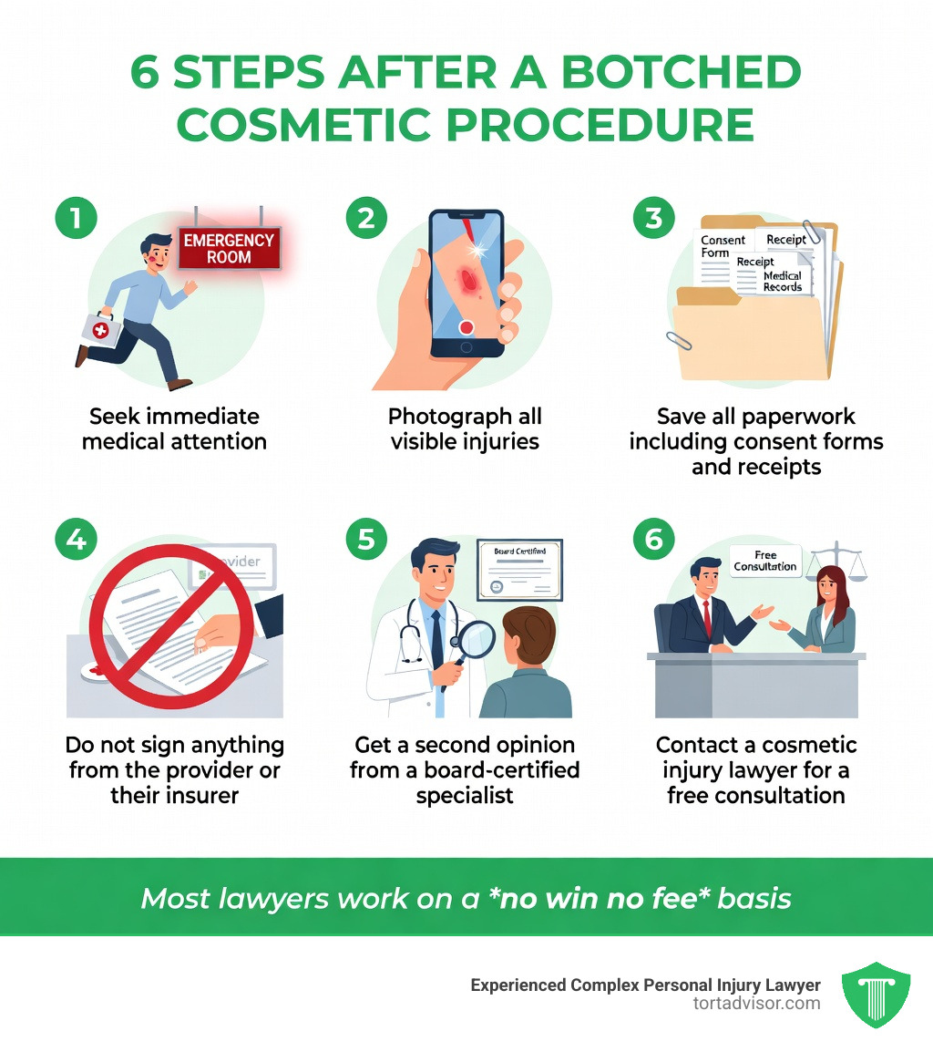 Infographic showing 6 steps to take after a botched cosmetic procedure: 1) Seek immediate medical attention, 2) Photograph all visible injuries, 3) Save all paperwork including consent forms and receipts, 4) Do not sign anything from the provider or their insurer, 5) Get a second opinion from a board-certified specialist, 6) Contact a cosmetic injury lawyer for a free consultation — with icons for each step and a note that most lawyers work on a no win no fee basis - cosmetic injury lawyers infographic Infographic showing 6 steps to take after a botched cosmetic procedure: 1) Seek immediate medical attention, 2) Photograph all visible injuries, 3) Save all paperwork including consent forms and receipts, 4) Do not sign anything from the provider or their insurer, 5) Get a second opinion from a board-certified specialist, 6) Contact a cosmetic injury lawyer for a free consultation — with icons for each step and a note that most lawyers work on a no win no fee basis - cosmetic injury lawyers infographic