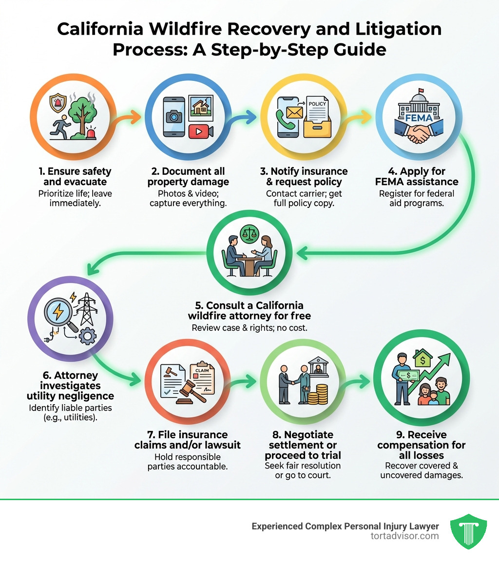 Step-by-step infographic showing the California wildfire recovery and litigation process: Step 1 - Ensure safety and evacuate; Step 2 - Document all property damage with photos and video; Step 3 - Notify your insurance company and request your full policy; Step 4 - Apply for FEMA assistance; Step 5 - Consult a California wildfire attorney for free; Step 6 - Attorney investigates utility negligence and identifies liable parties; Step 7 - File insurance claims and/or lawsuit against responsible parties; Step 8 - Negotiate settlement or proceed to trial; Step 9 - Receive compensation for all covered and uncovered losses - California wildfire attorney infographic Step-by-step infographic showing the California wildfire recovery and litigation process: Step 1 - Ensure safety and evacuate; Step 2 - Document all property damage with photos and video; Step 3 - Notify your insurance company and request your full policy; Step 4 - Apply for FEMA assistance; Step 5 - Consult a California wildfire attorney for free; Step 6 - Attorney investigates utility negligence and identifies liable parties; Step 7 - File insurance claims and/or lawsuit against responsible parties; Step 8 - Negotiate settlement or proceed to trial; Step 9 - Receive compensation for all covered and uncovered losses - California wildfire attorney infographic